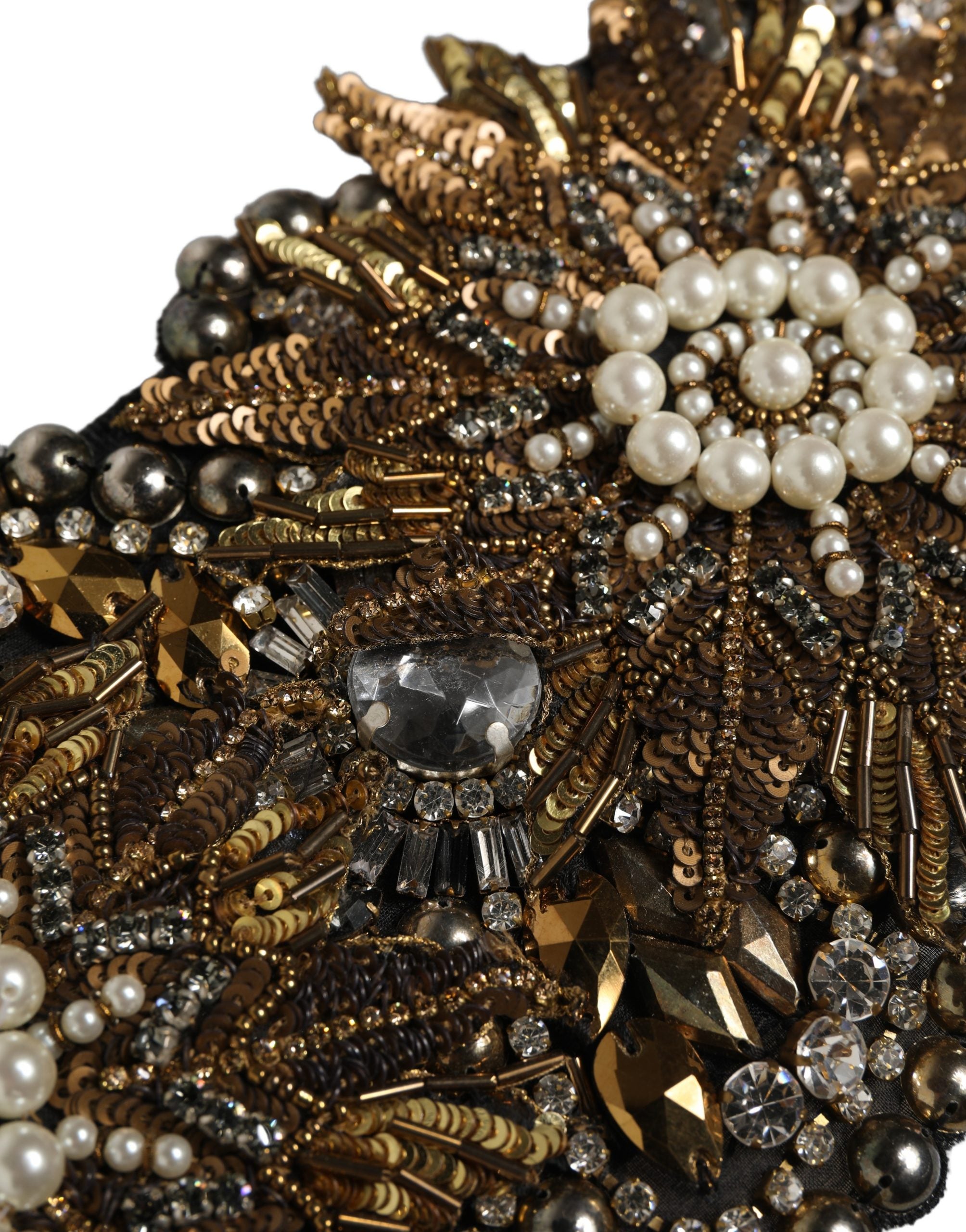 Dolce & Gabbana Black Gold Tone Crystal Brass Flower Brooches Women's Belt
