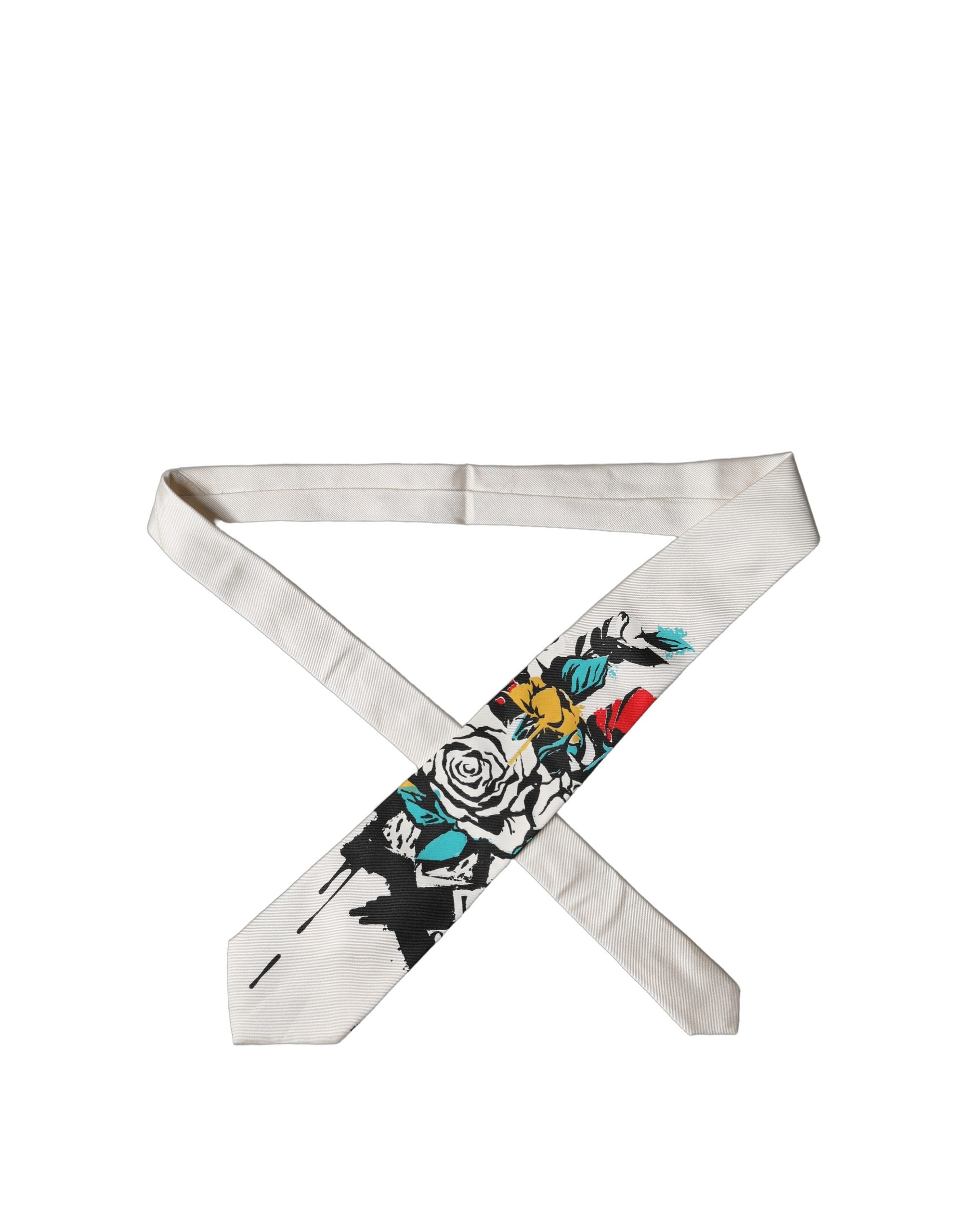 Dolce & Gabbana White Tattoo Floral Silk Adjustable Men Men'sd NeckMen's Men's Tie