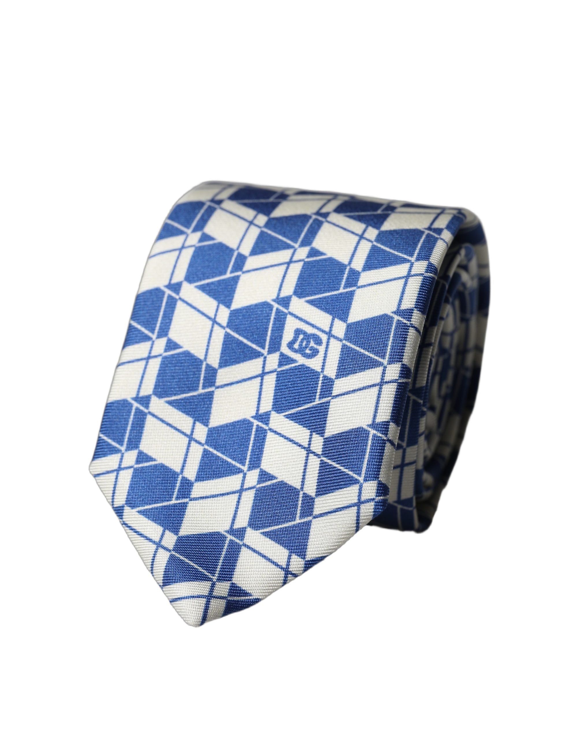 Dolce & Gabbana Blue White Geometric Silk Adjustable Men Men'sd NeckMen's Men's Tie