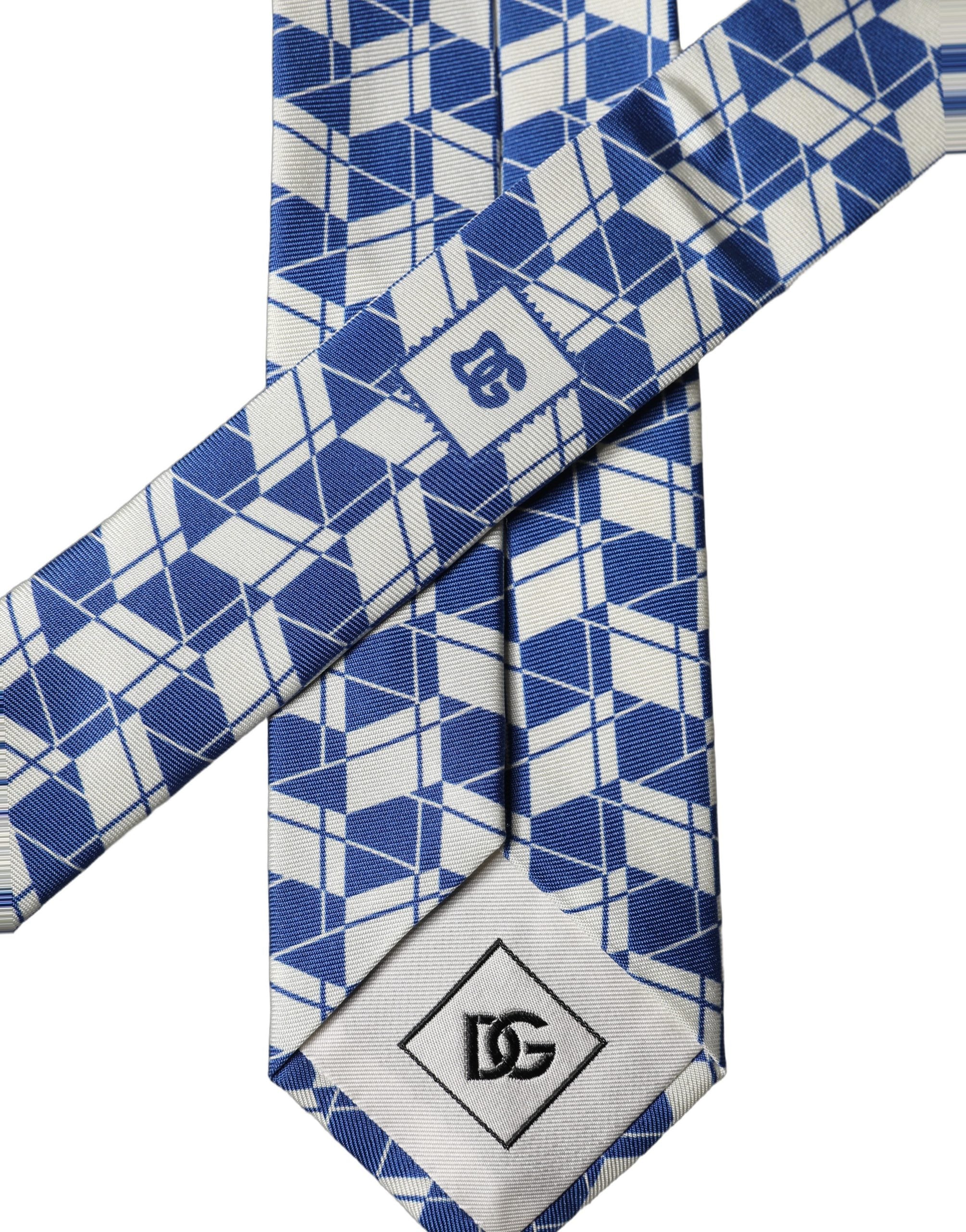 Dolce & Gabbana Blue White Geometric Silk Adjustable Men Men'sd NeckMen's Men's Tie