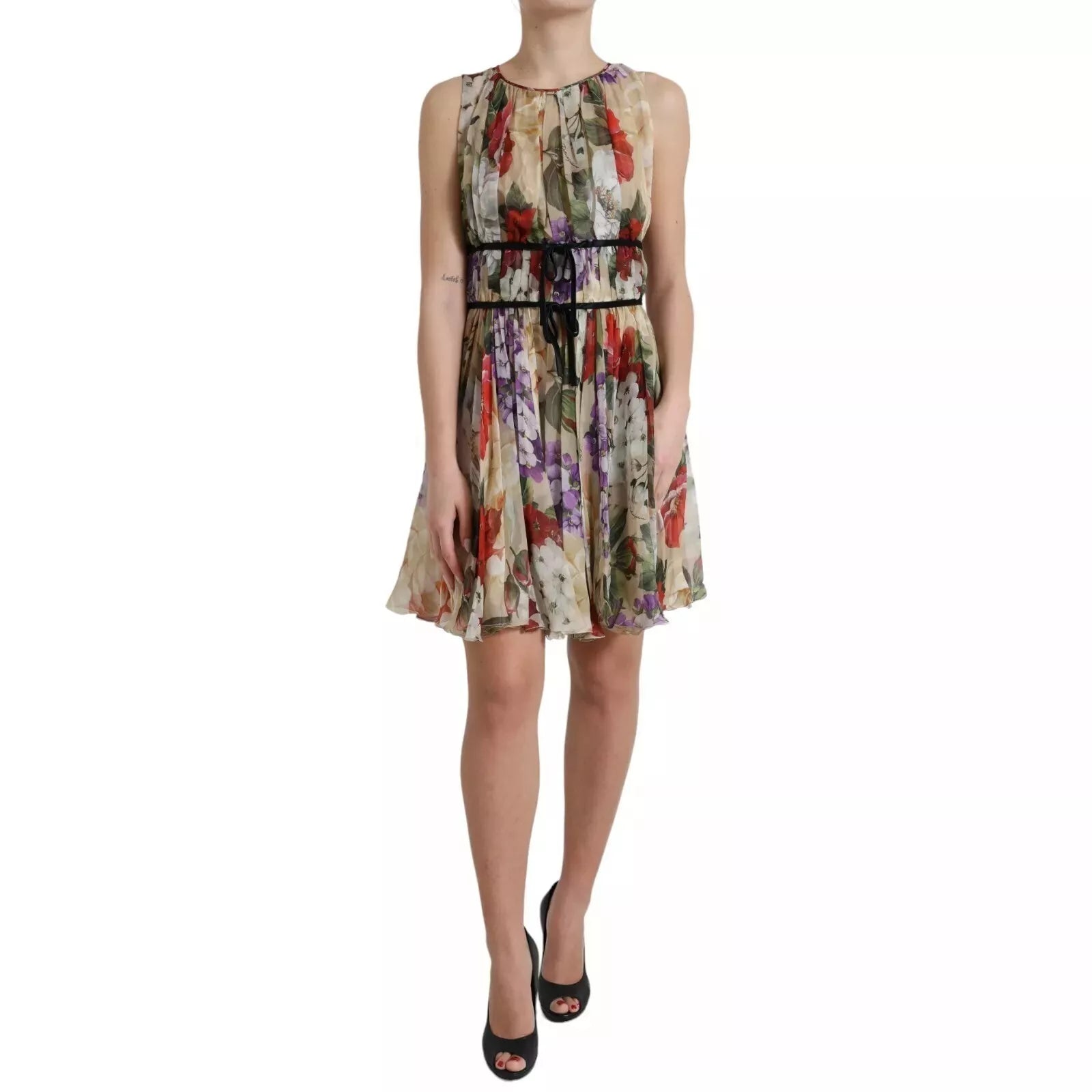 Dolce & Gabbana Beige Floral Sleeveless A-line Mini Women's Dress