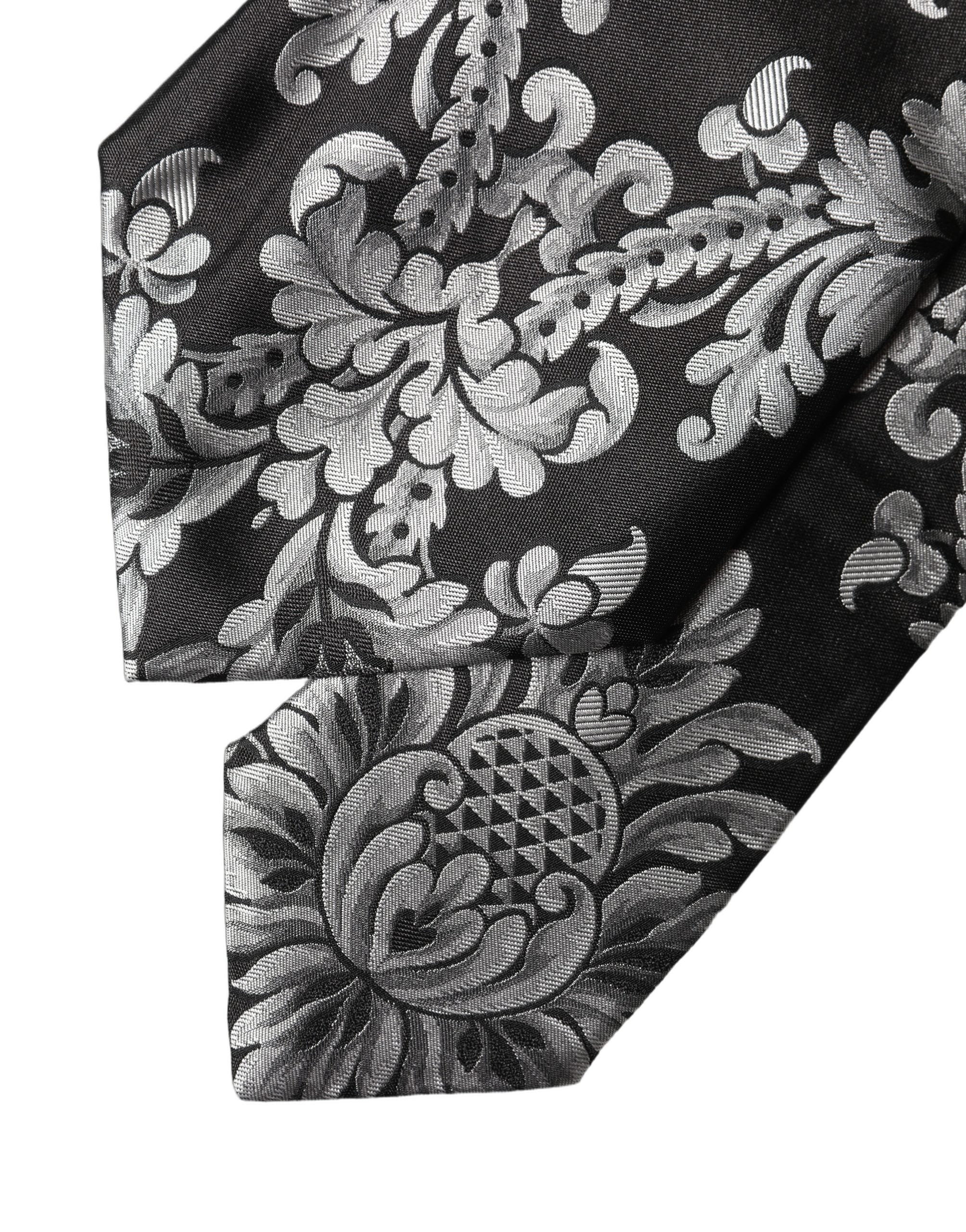 Dolce & Gabbana Black Silver Floral Silk Adjustable Women NeckWomen's Women's Tie