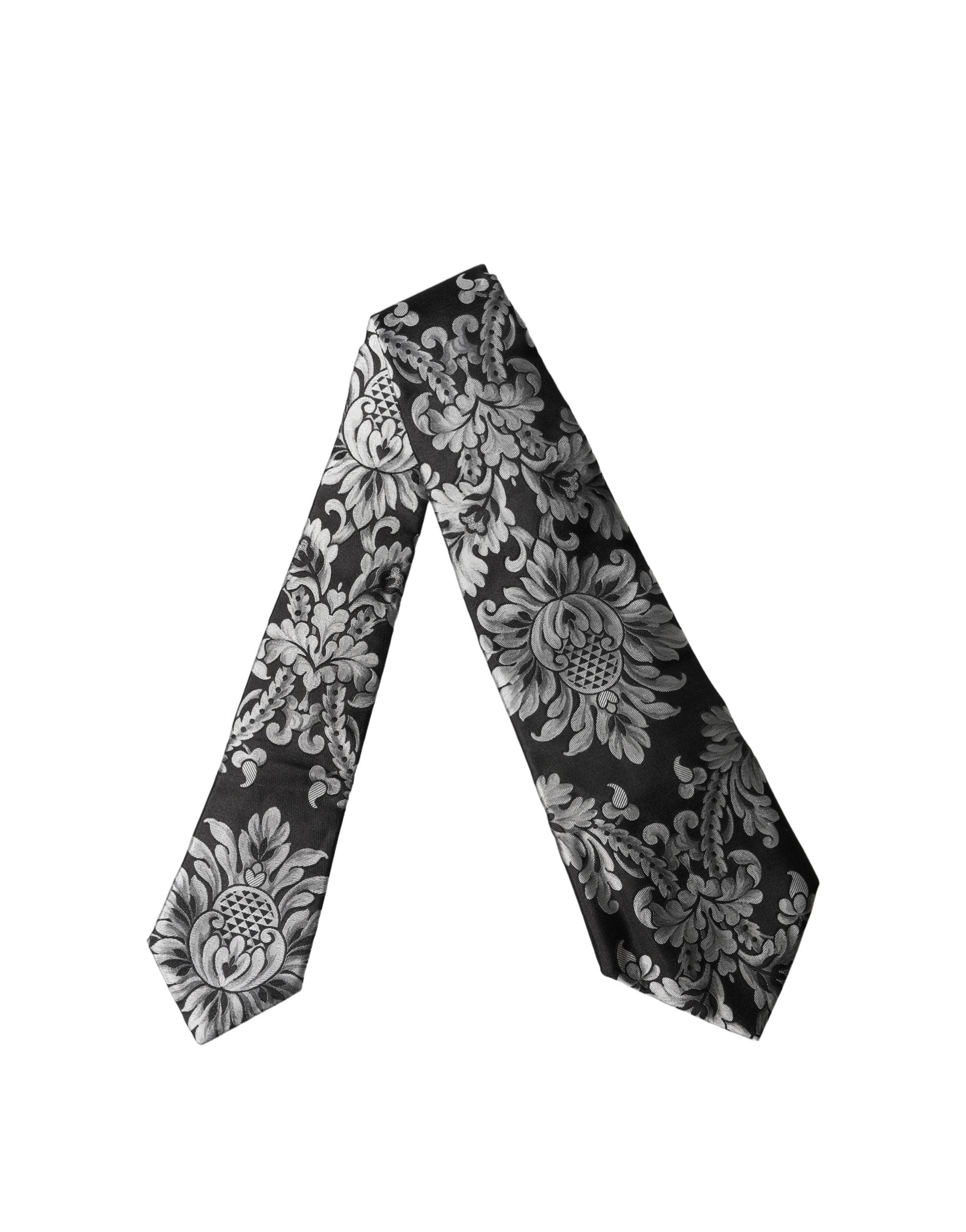 Dolce & Gabbana Black Silver Floral Silk Adjustable Women NeckWomen's Women's Tie