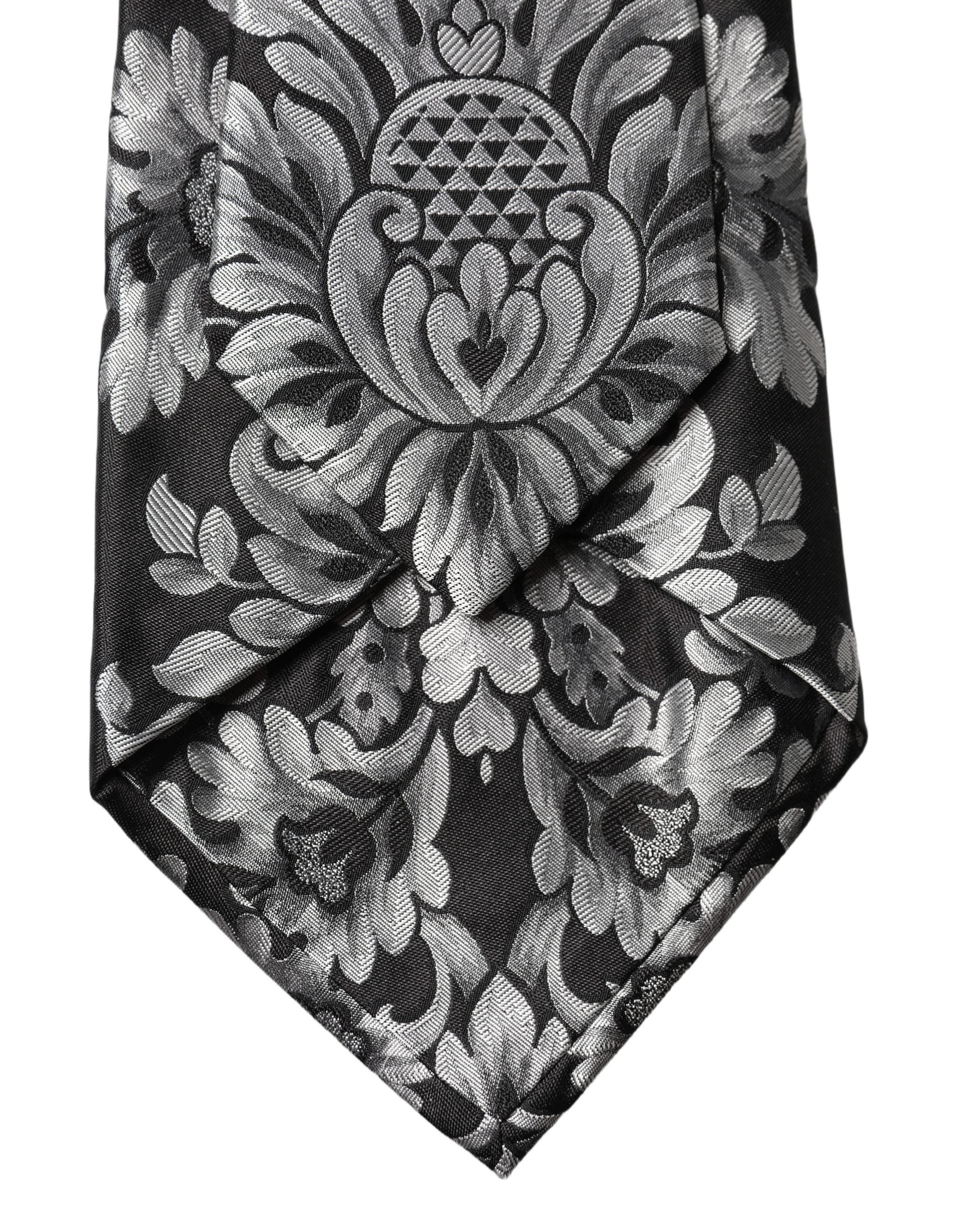 Dolce & Gabbana Black Silver Floral Silk Adjustable Women NeckWomen's Women's Tie