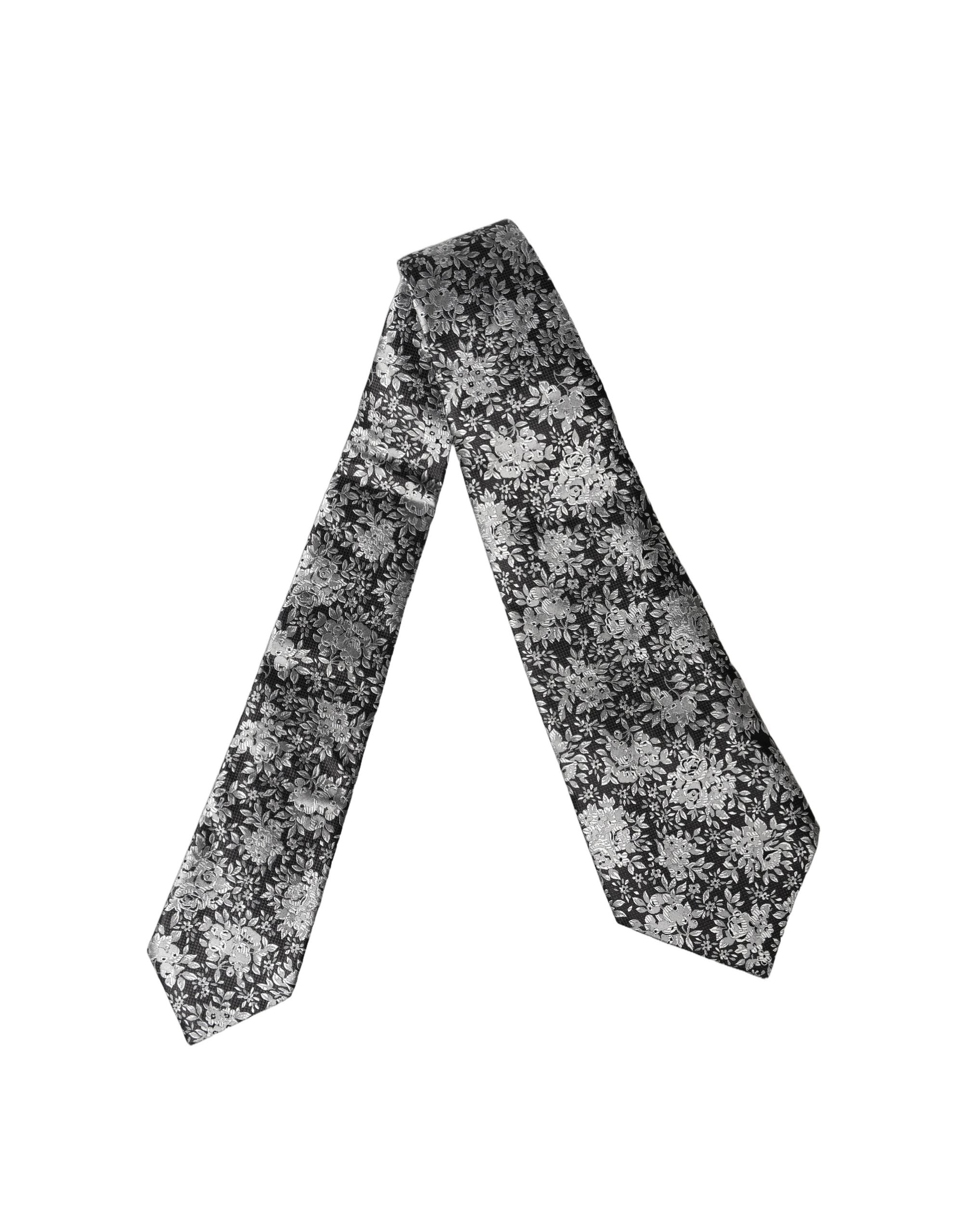 Dolce & Gabbana Dark Gray Silver Floral Silk Adjustable Women NeckWomen's Women's Tie