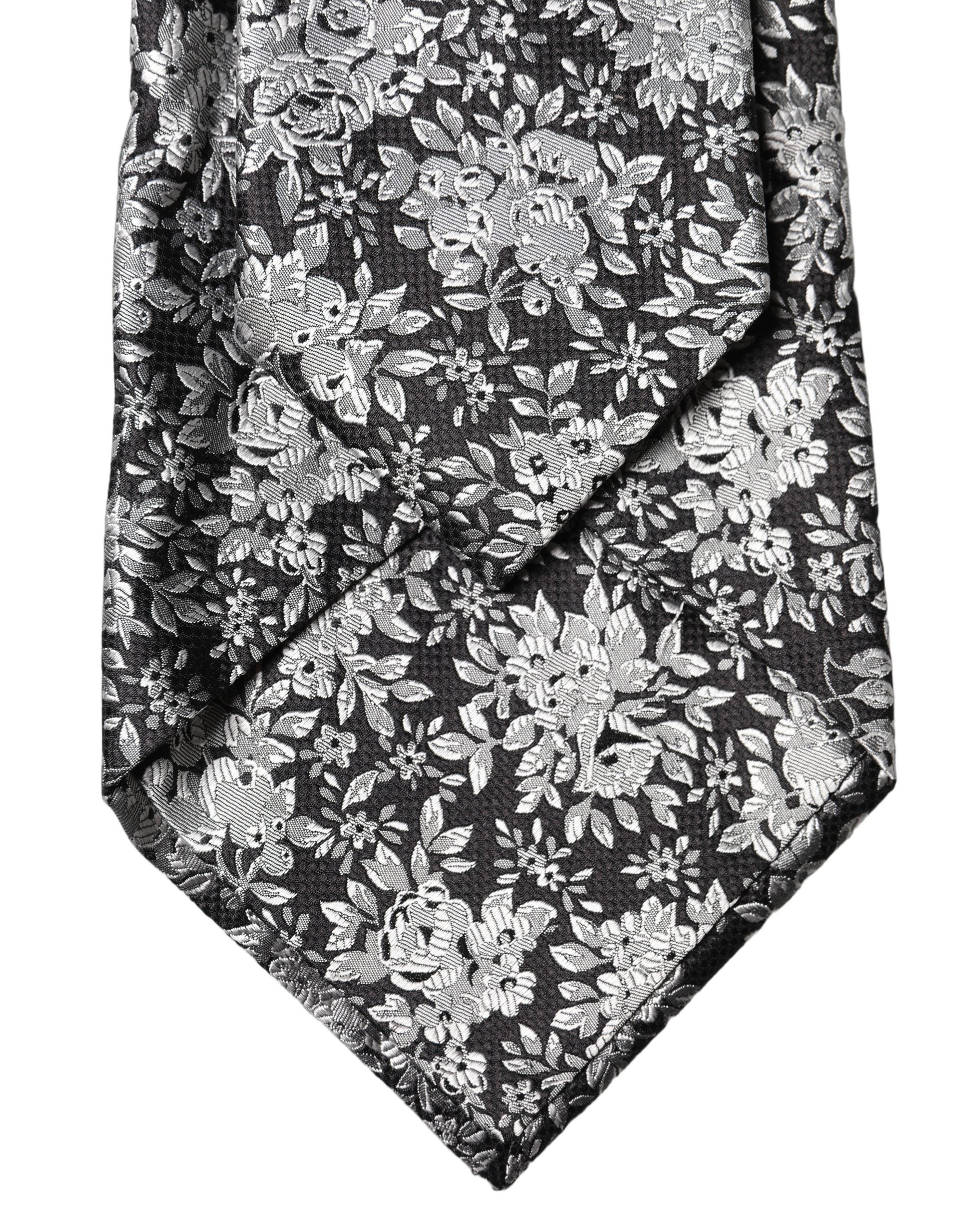Dolce & Gabbana Dark Gray Silver Floral Silk Adjustable Women NeckWomen's Women's Tie