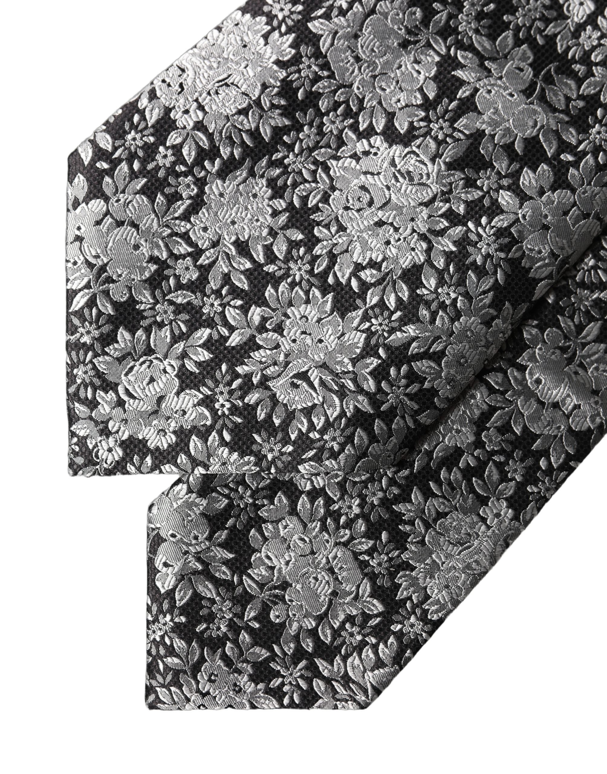 Dolce & Gabbana Dark Gray Silver Floral Silk Adjustable Women NeckWomen's Women's Tie