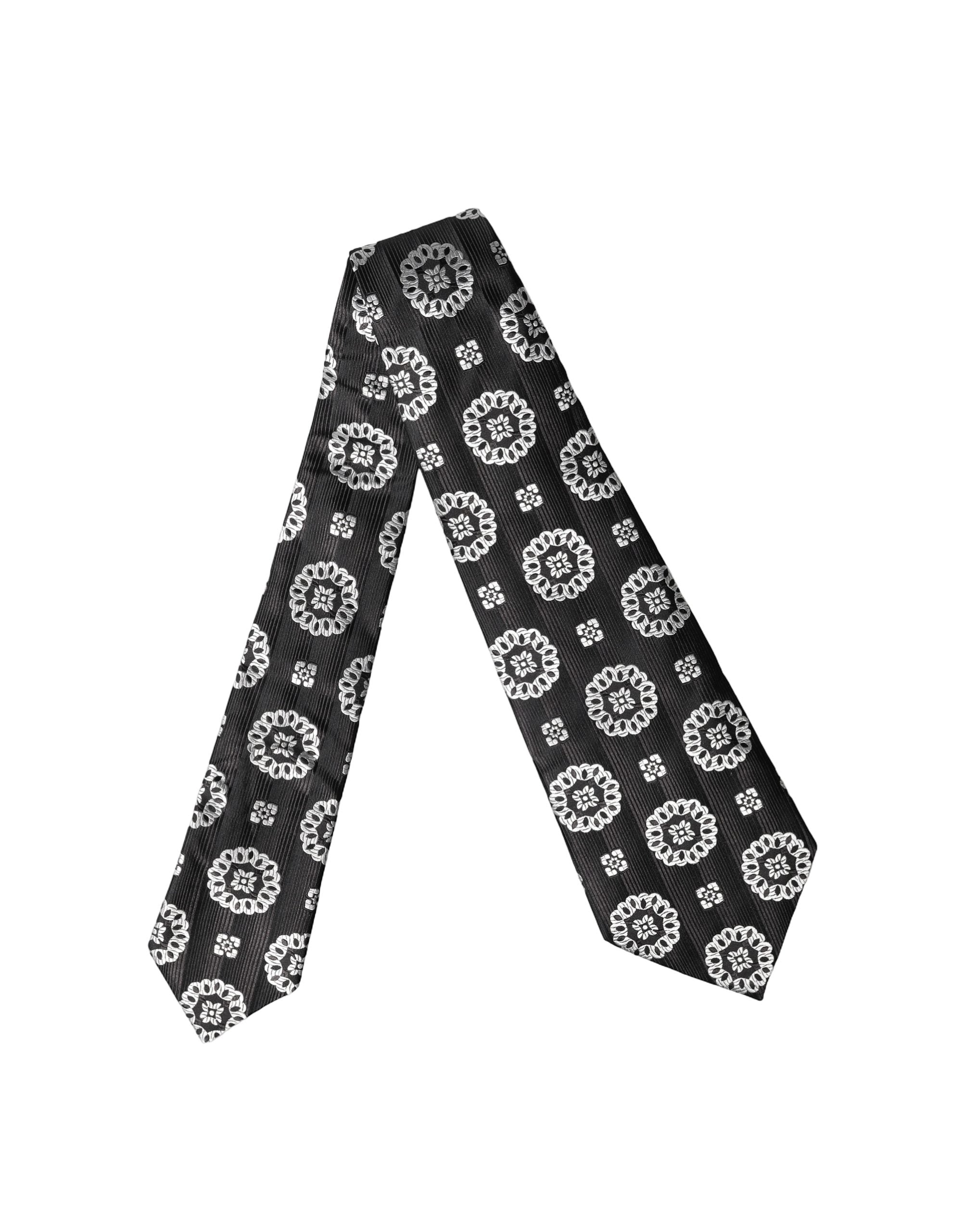 Dolce & Gabbana Dark Gray White Floral Silk Adjustable Women NeckWomen's Women's Tie