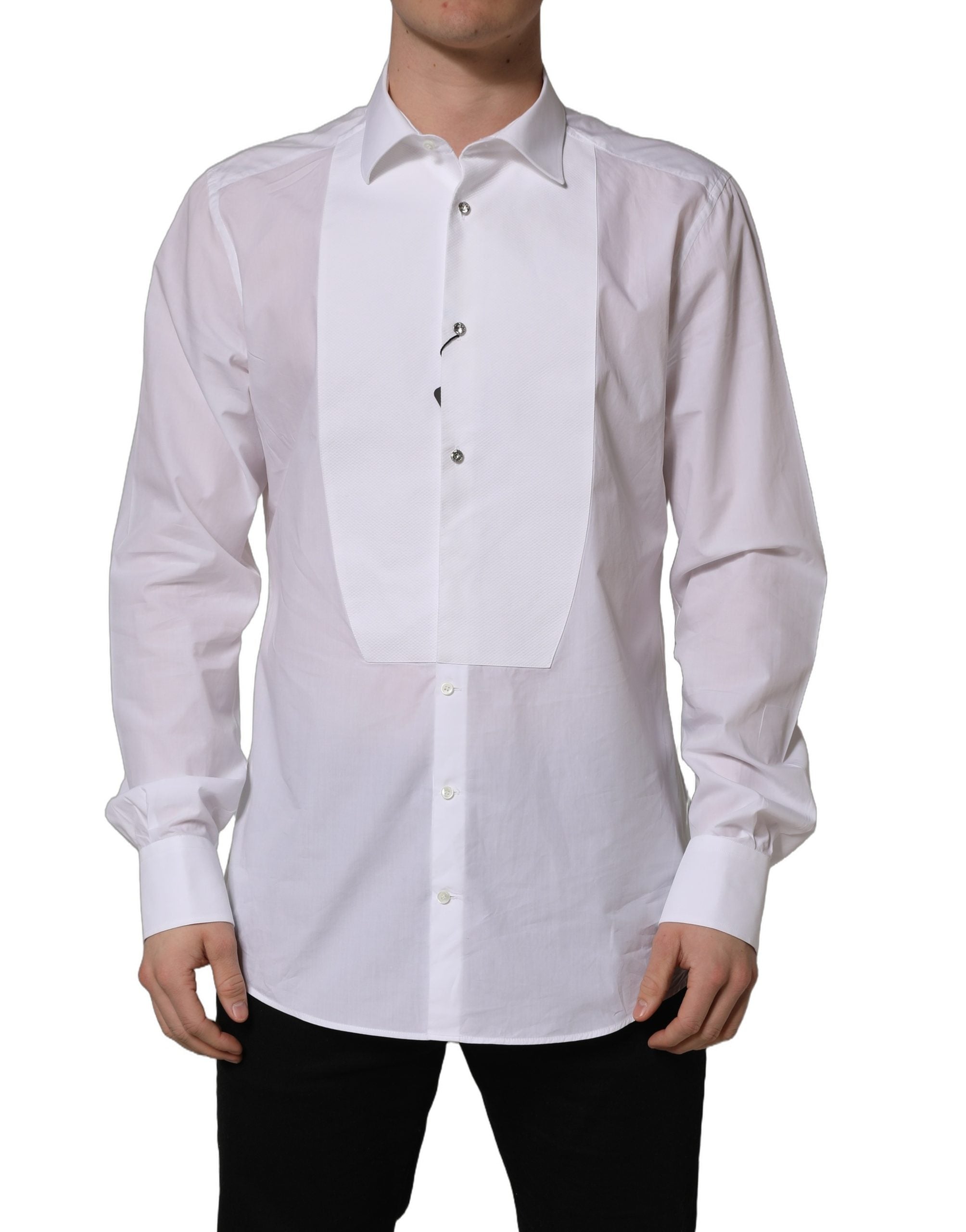 Dolce & Gabbana White Bib Cotton Poplin Dress Formal Men's Shirt (Pre-Owned)