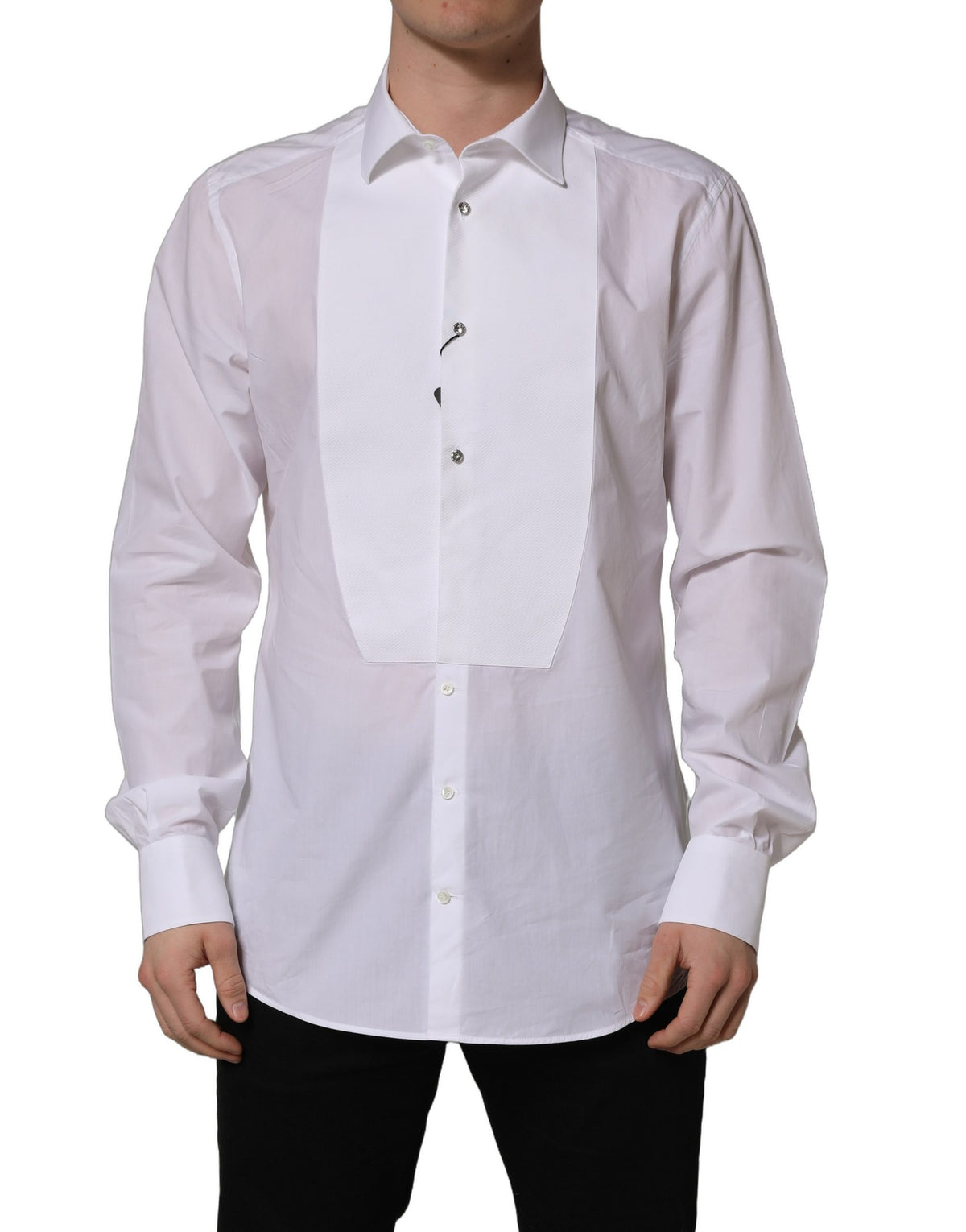 Dolce & Gabbana White Bib Cotton Poplin Dress Formal Men's Shirt (Pre-Owned)
