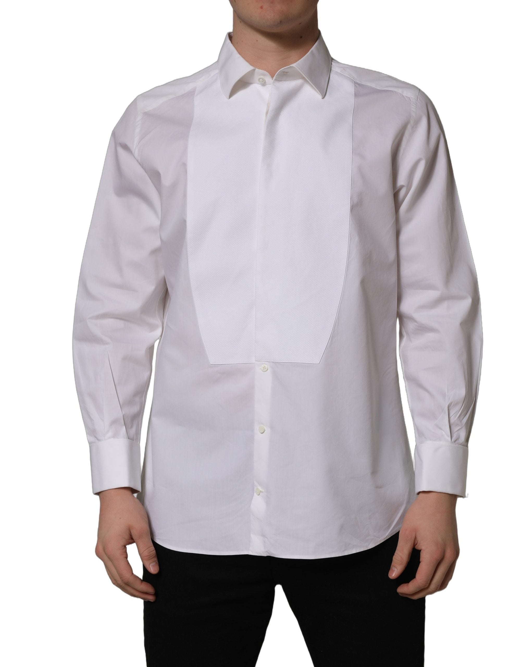 Dolce & Gabbana White Bib Cotton Poplin Dress Formal Men's Shirt (Pre-Owned)