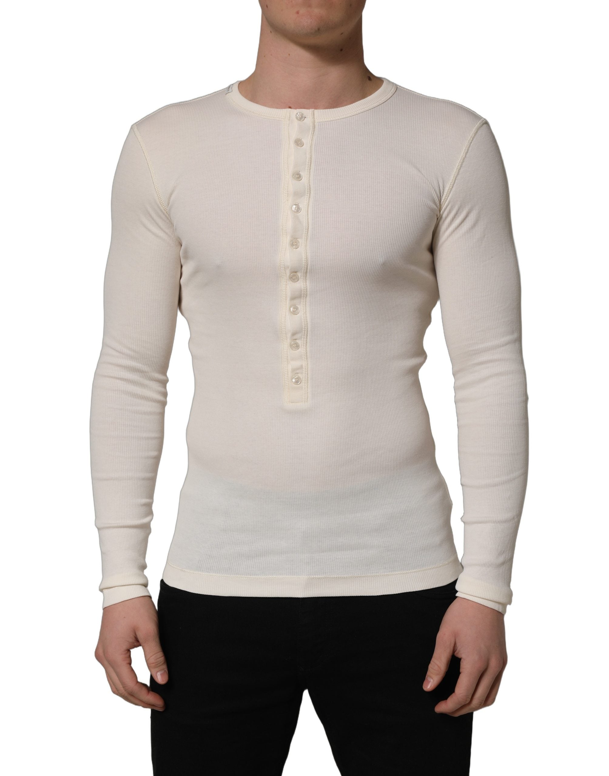 Dolce & Gabbana White Long Sleeves Henley Pullover Men's Sweater