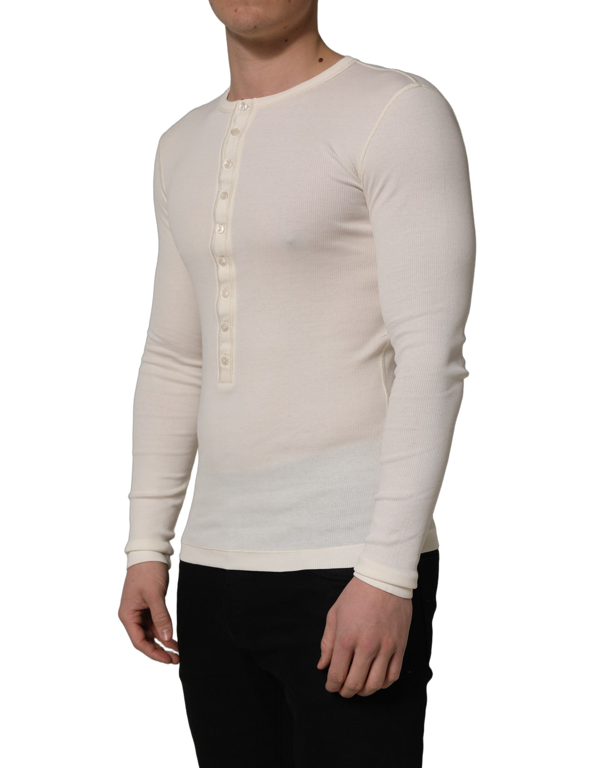 Dolce & Gabbana White Long Sleeves Henley Pullover Men's Sweater