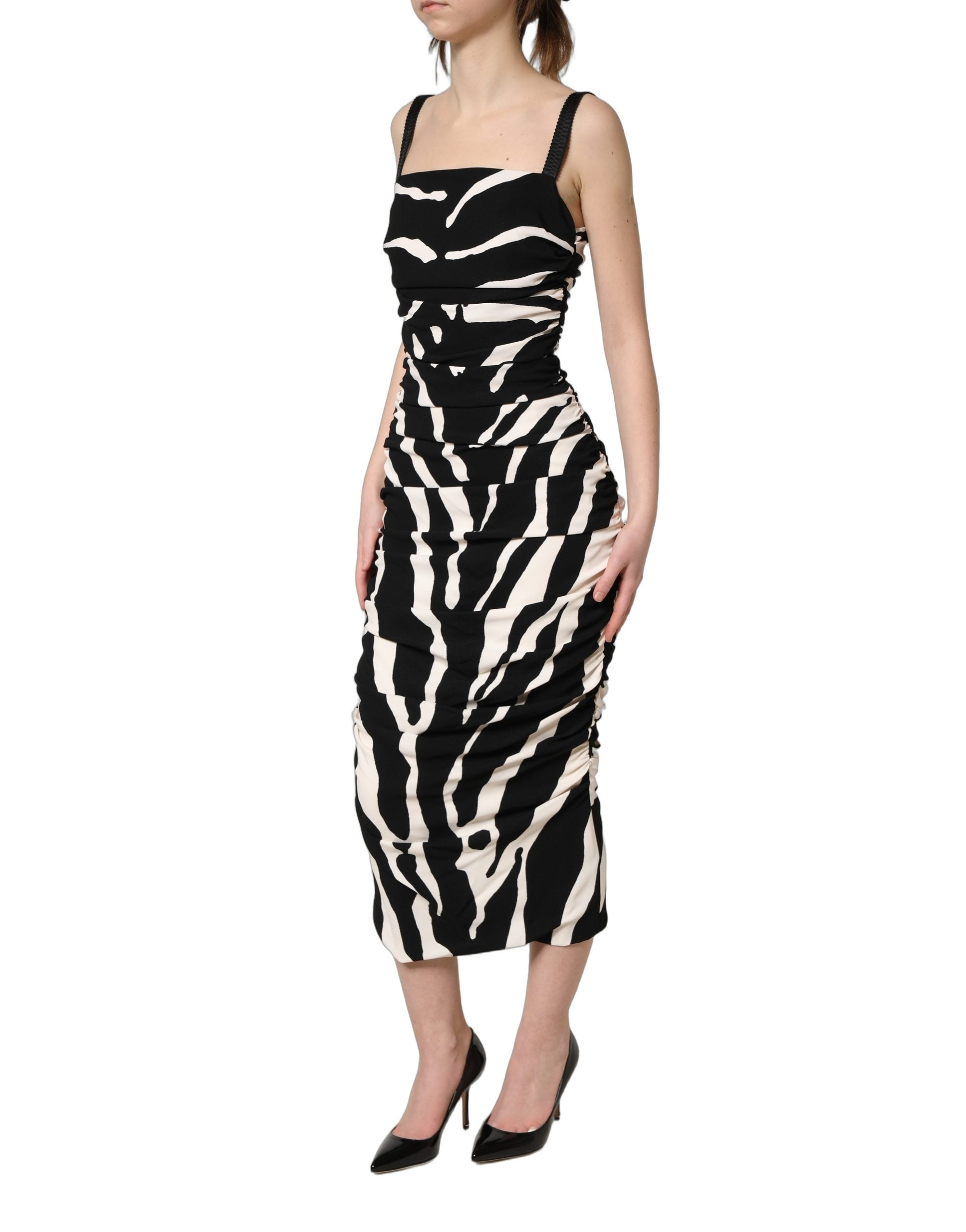 Dolce & Gabbana Black White Zebra Cady Calf Length Women's Dress