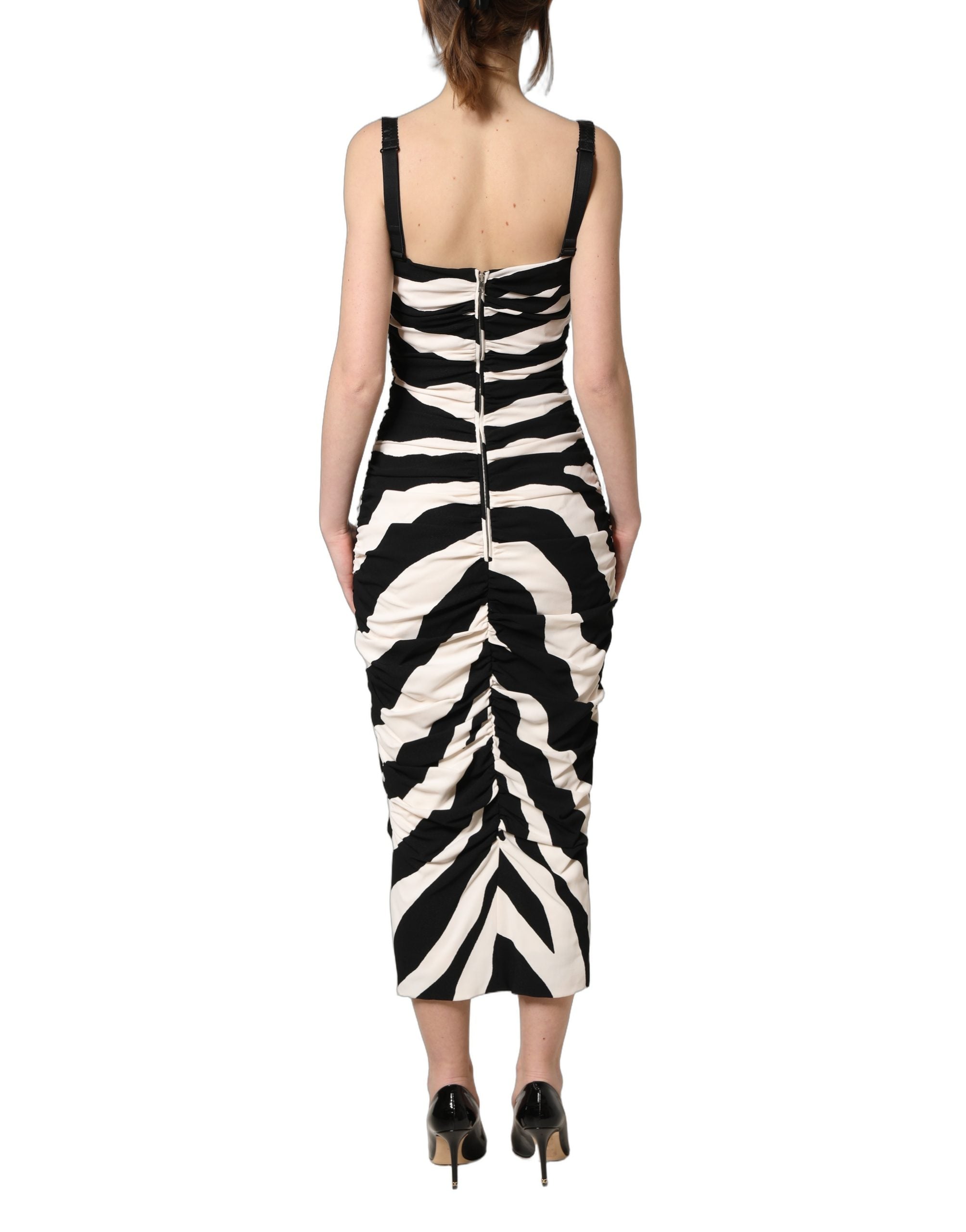 Dolce & Gabbana Black White Zebra Cady Calf Length Women's Dress