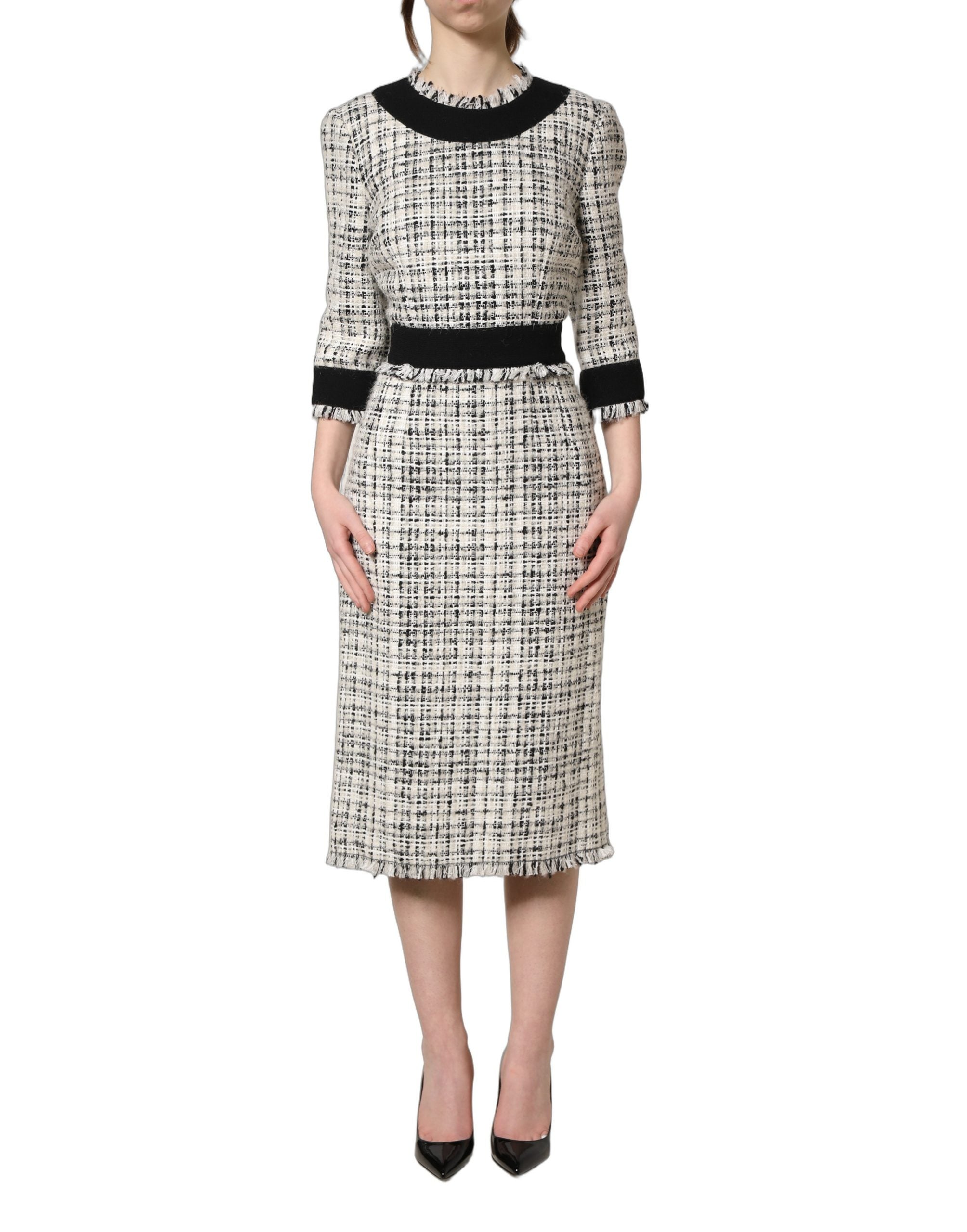 Dolce & Gabbana Black White Tweed Sheath A-line Midi Women's Dress
