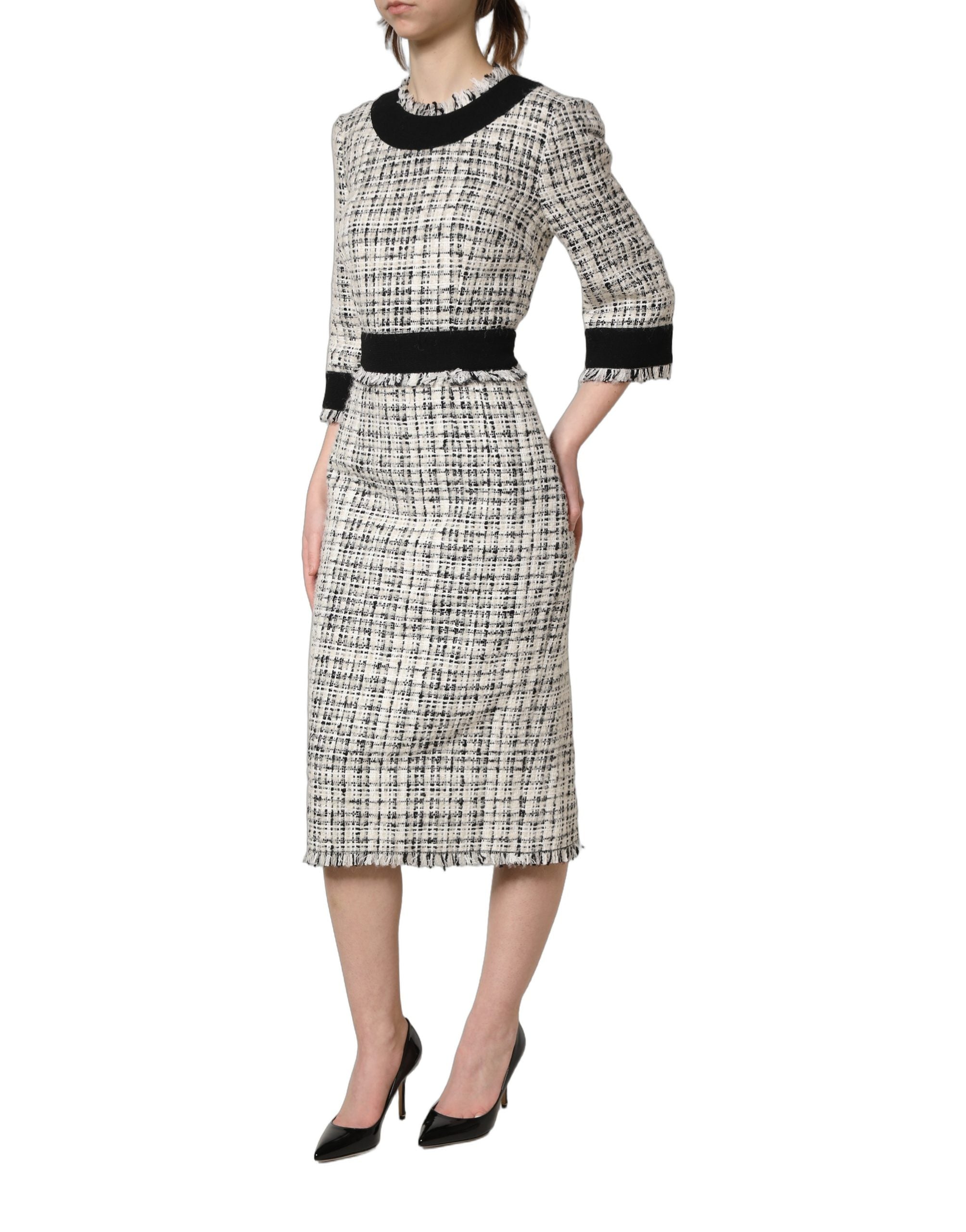 Dolce & Gabbana Black White Tweed Sheath A-line Midi Women's Dress