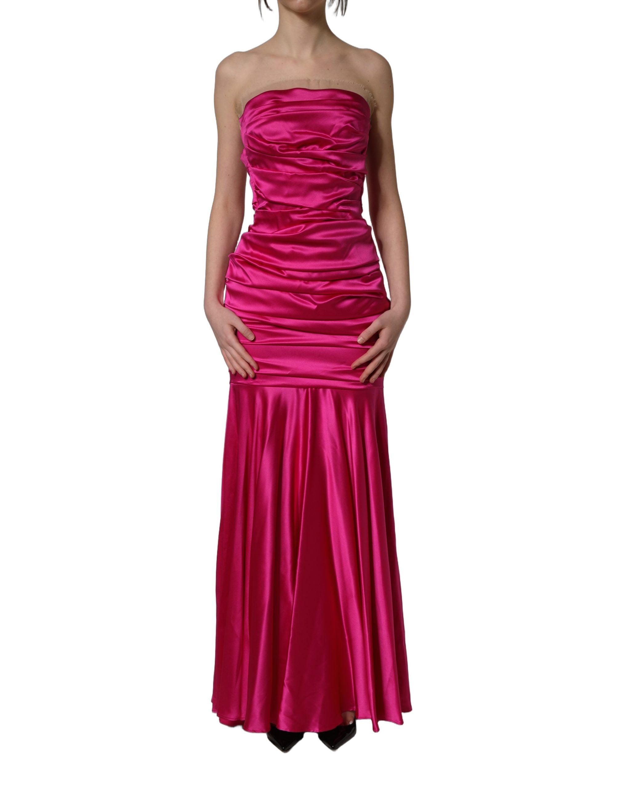 Dolce & Gabbana Hot Pink Ruched Satin Strapless Gown Women's Dress