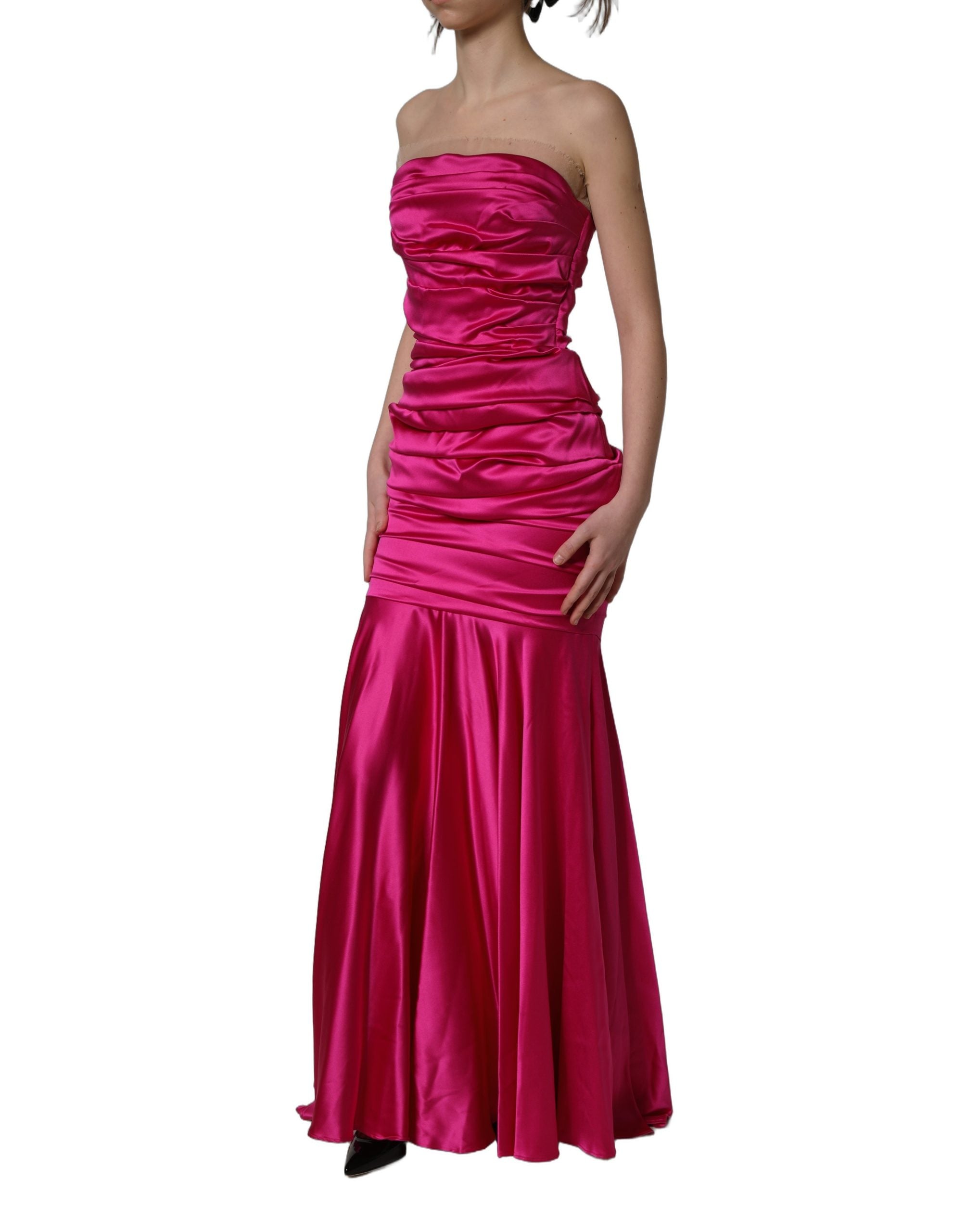 Dolce & Gabbana Hot Pink Ruched Satin Strapless Gown Women's Dress