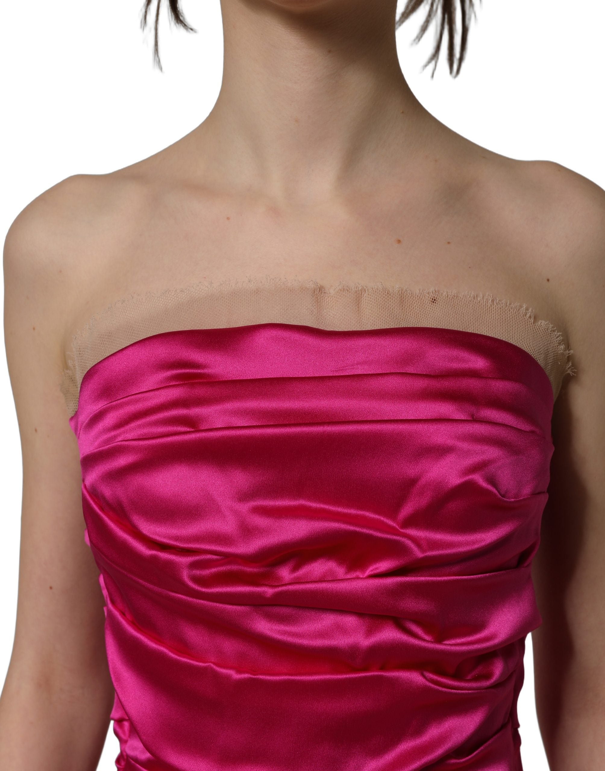 Dolce & Gabbana Hot Pink Ruched Satin Strapless Gown Women's Dress