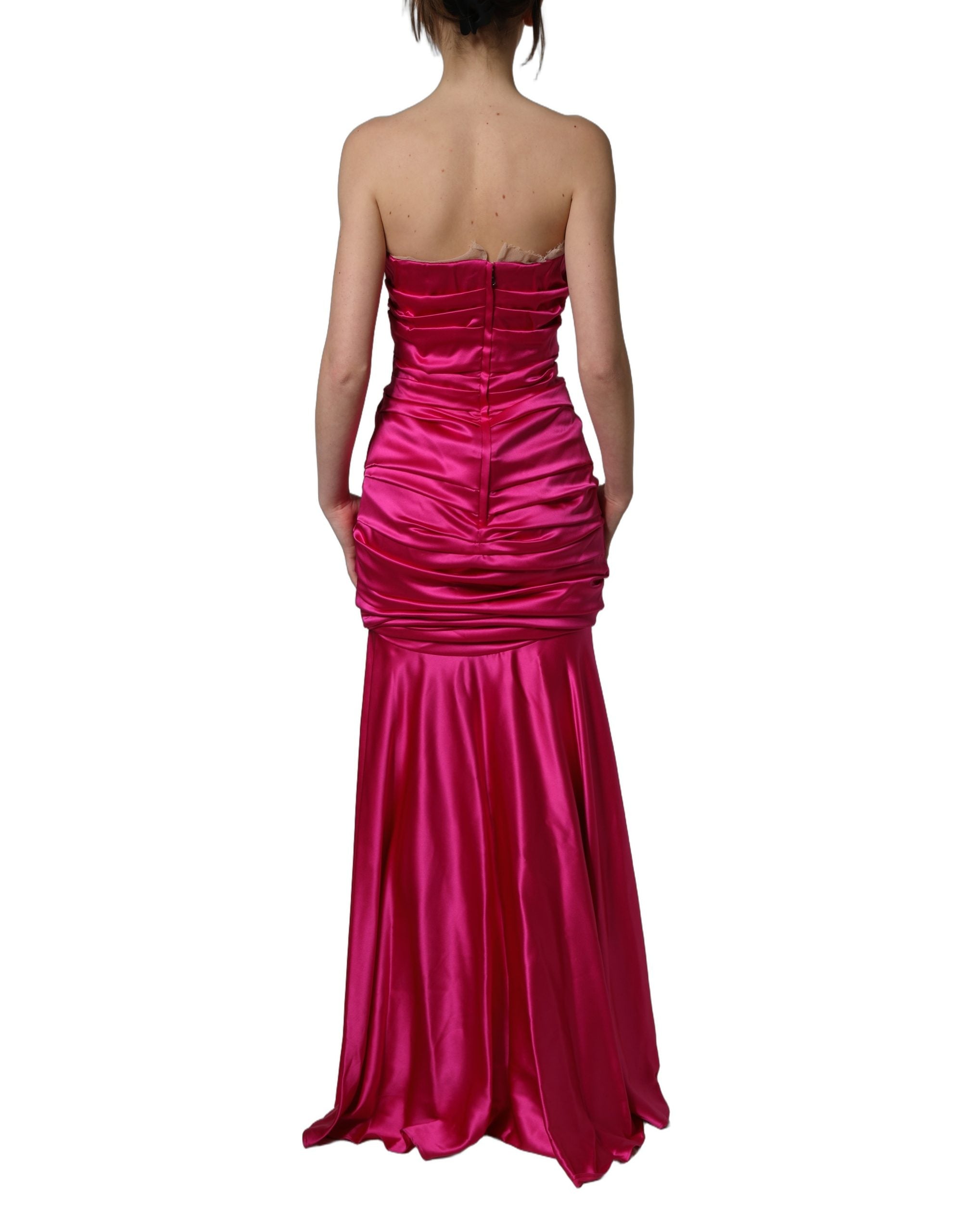 Dolce & Gabbana Hot Pink Ruched Satin Strapless Gown Women's Dress