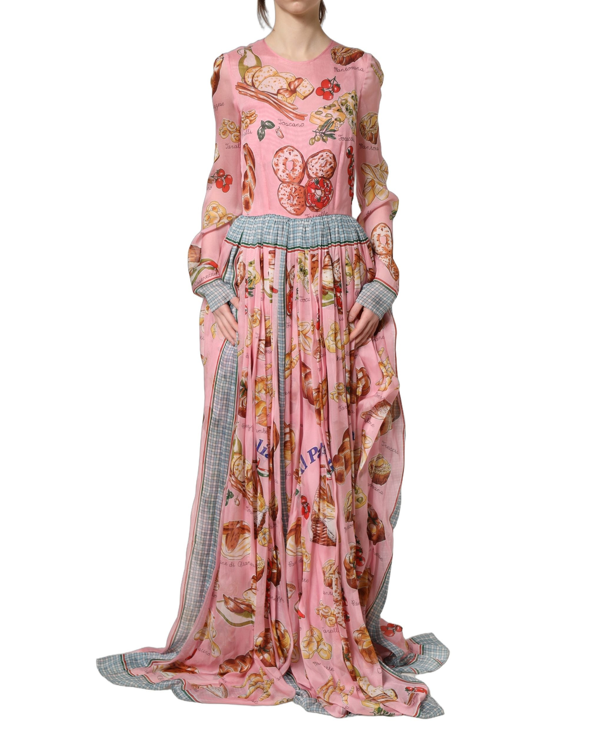 Dolce & Gabbana Light Pink Bread Print Pleated Maxi Women's Dress