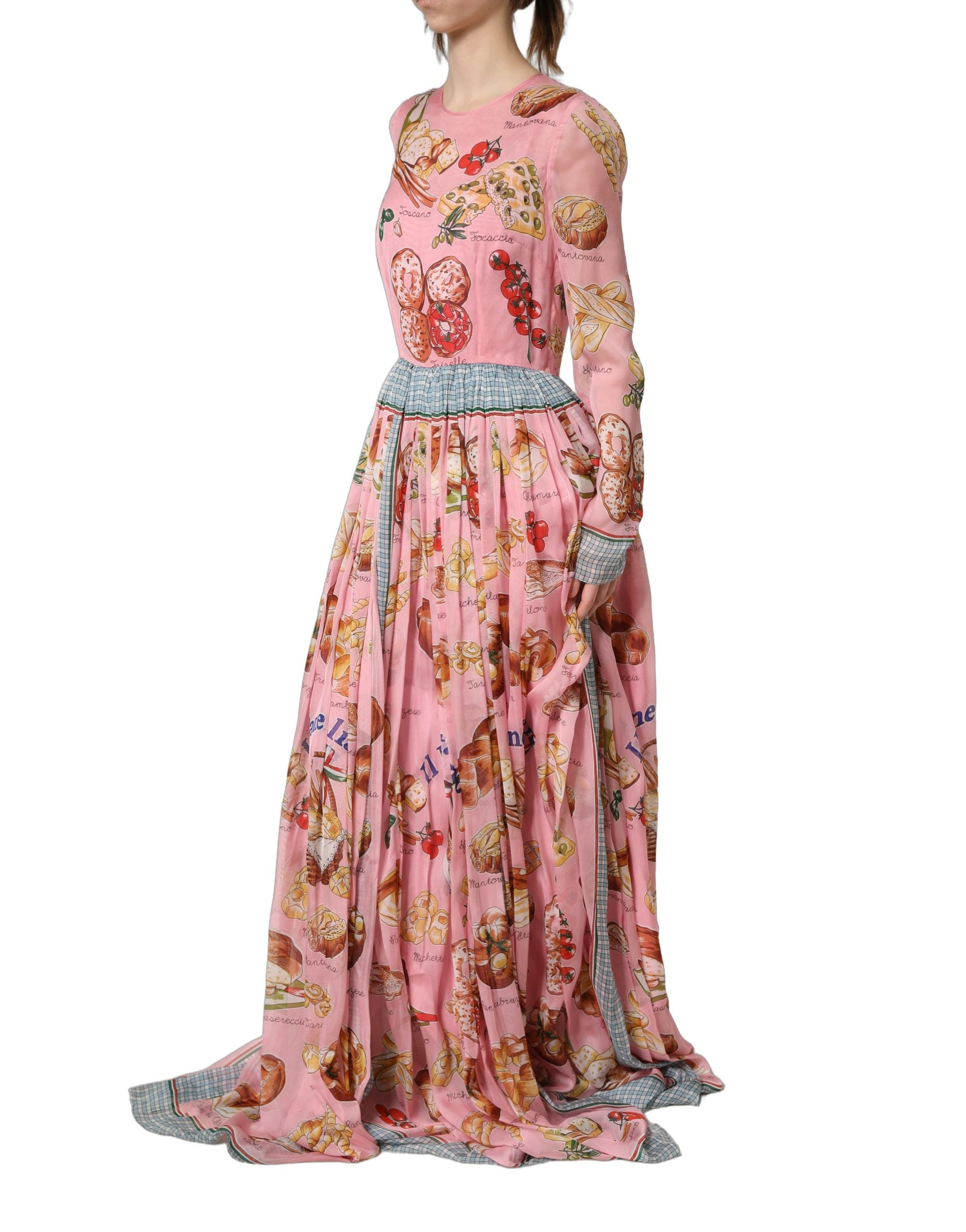Dolce & Gabbana Light Pink Bread Print Pleated Maxi Women's Dress