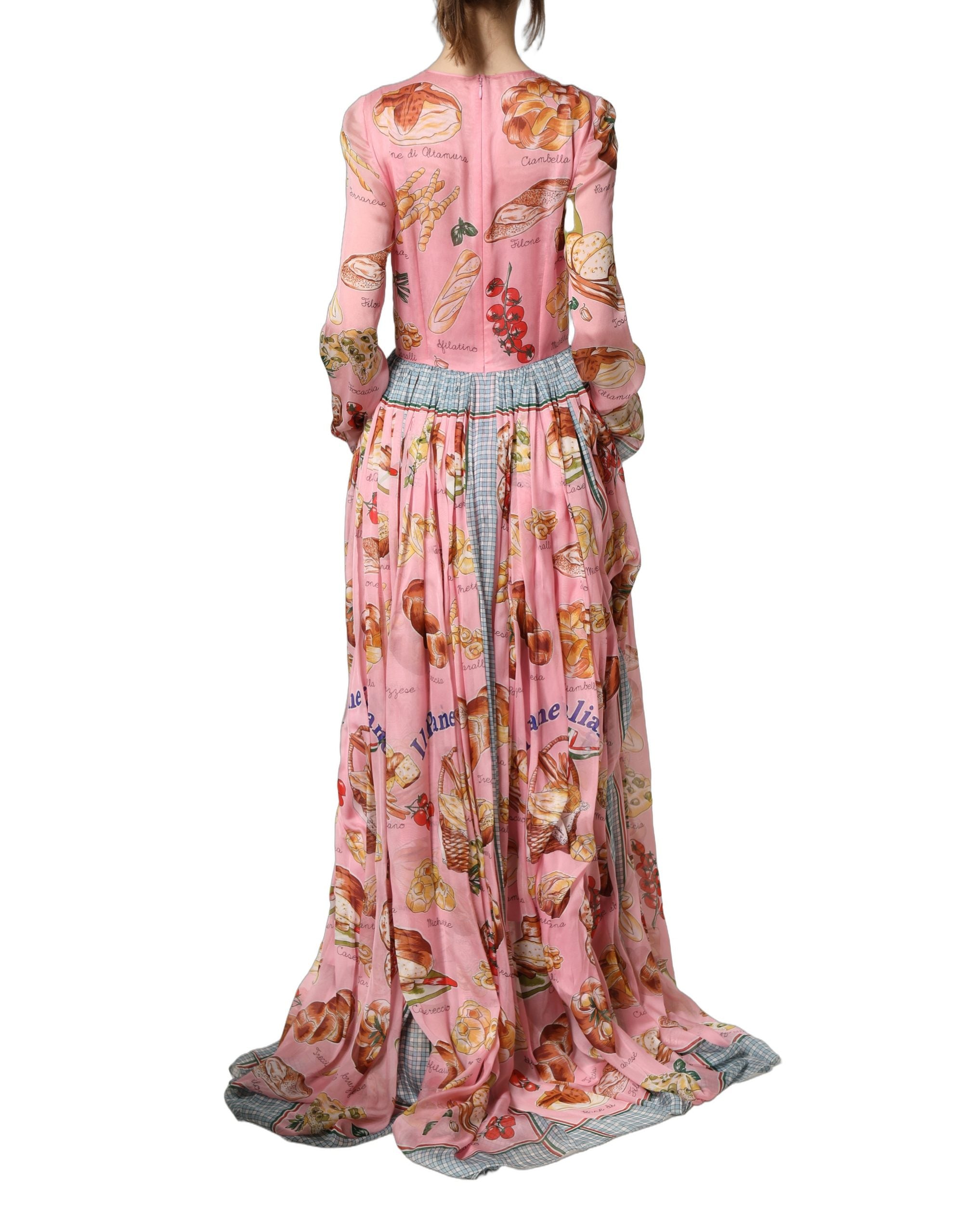 Dolce & Gabbana Light Pink Bread Print Pleated Maxi Women's Dress