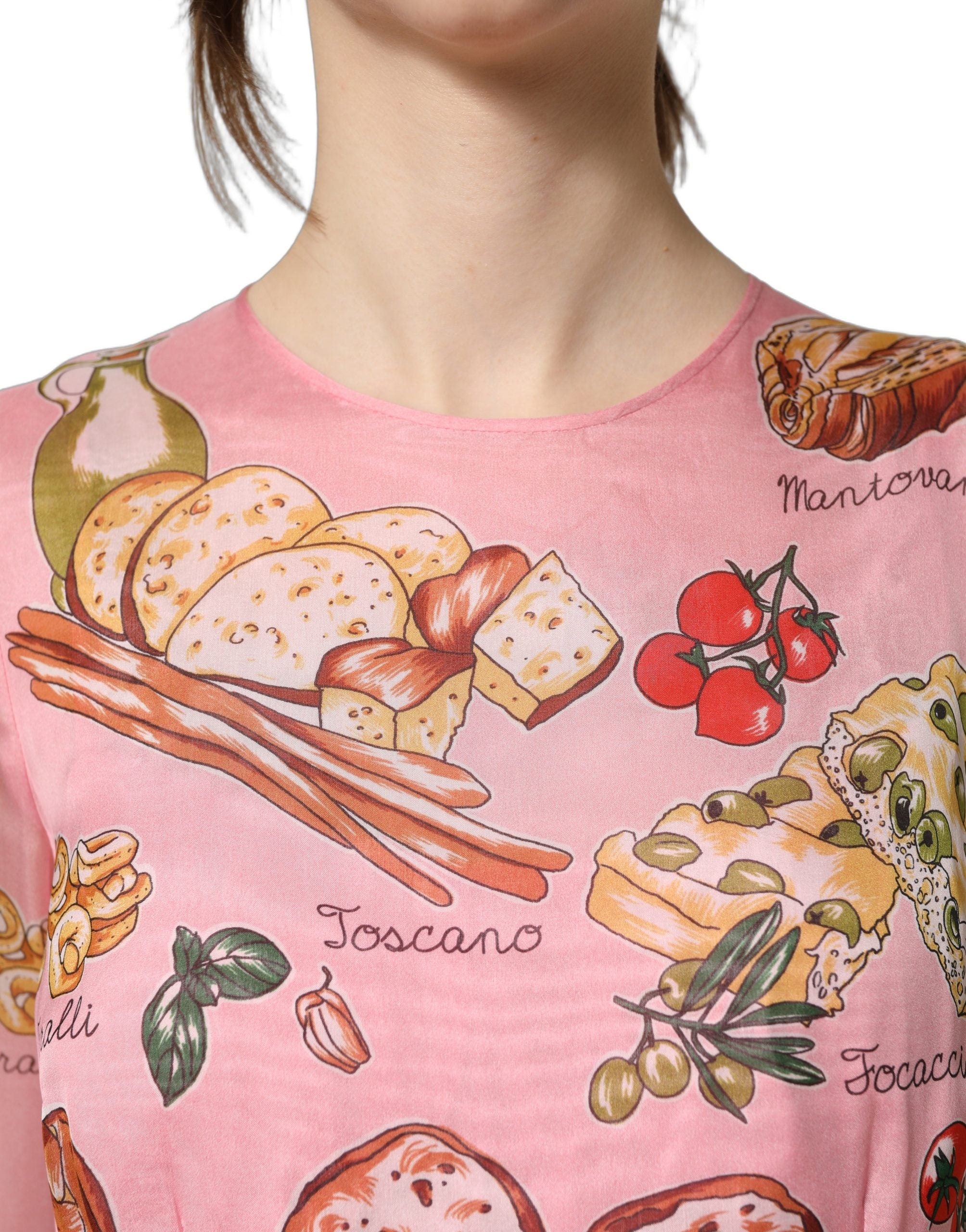 Dolce & Gabbana Light Pink Bread Print Pleated Maxi Women's Dress