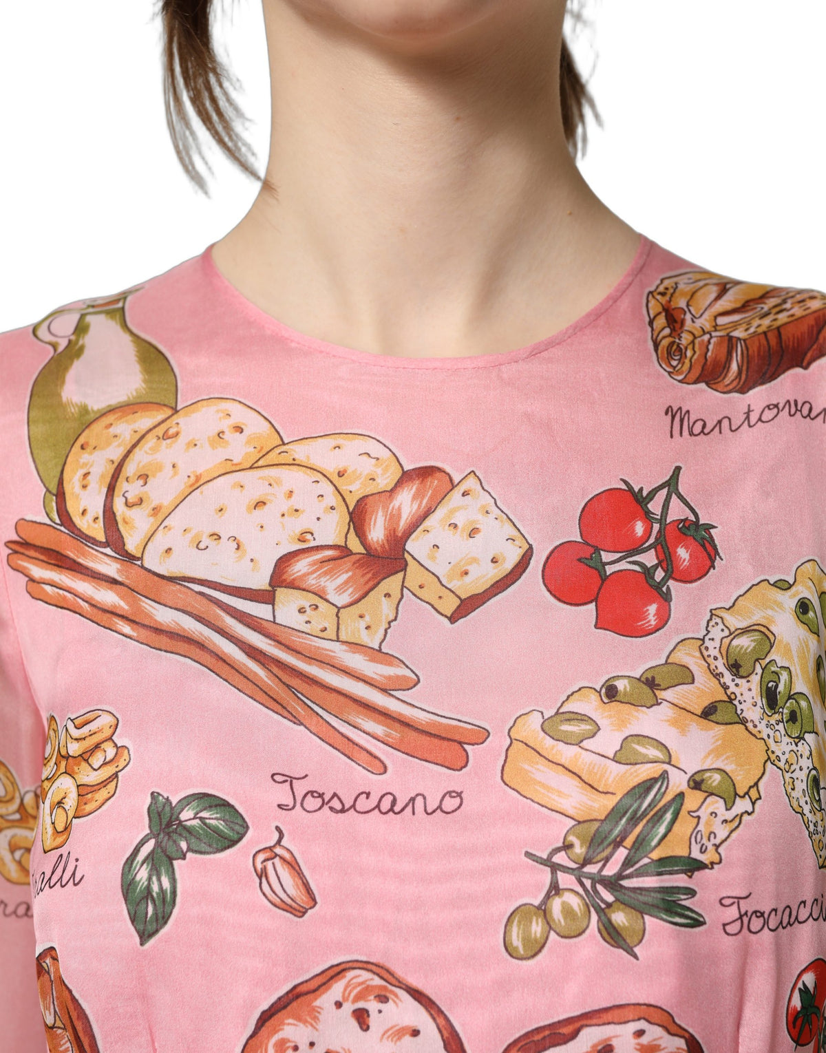 Dolce & Gabbana Light Pink Bread Print Pleated Maxi Women's Dress