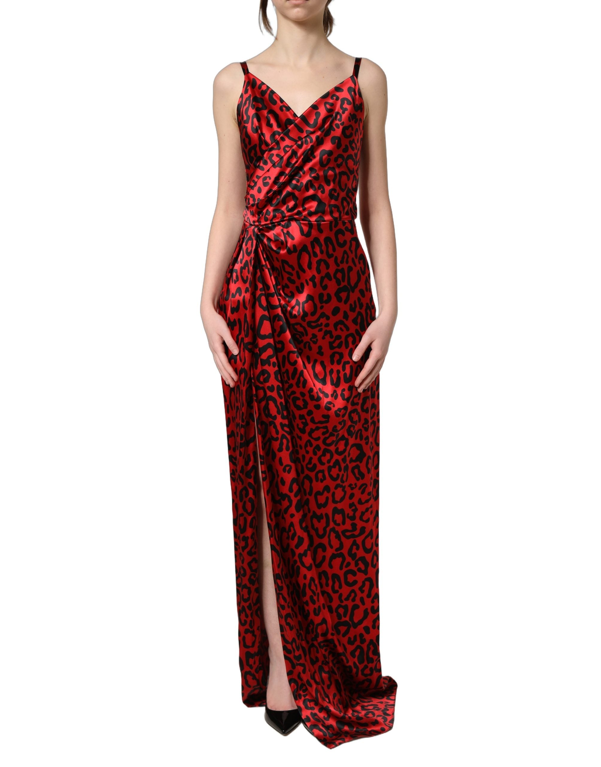 Dolce & Gabbana Red Leopard Draped Sleeveless Maxi Women's Dress