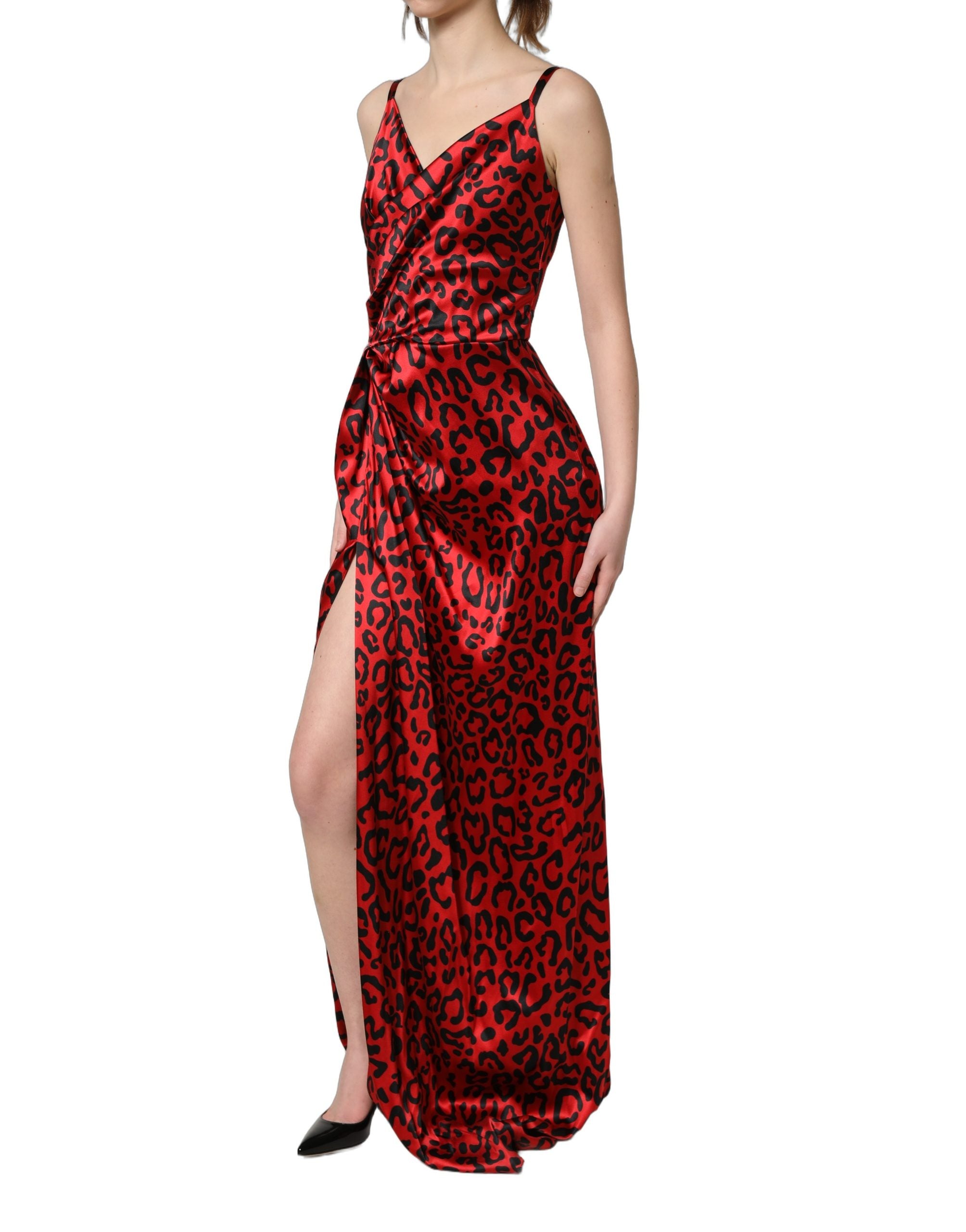 Dolce & Gabbana Red Leopard Draped Sleeveless Maxi Women's Dress