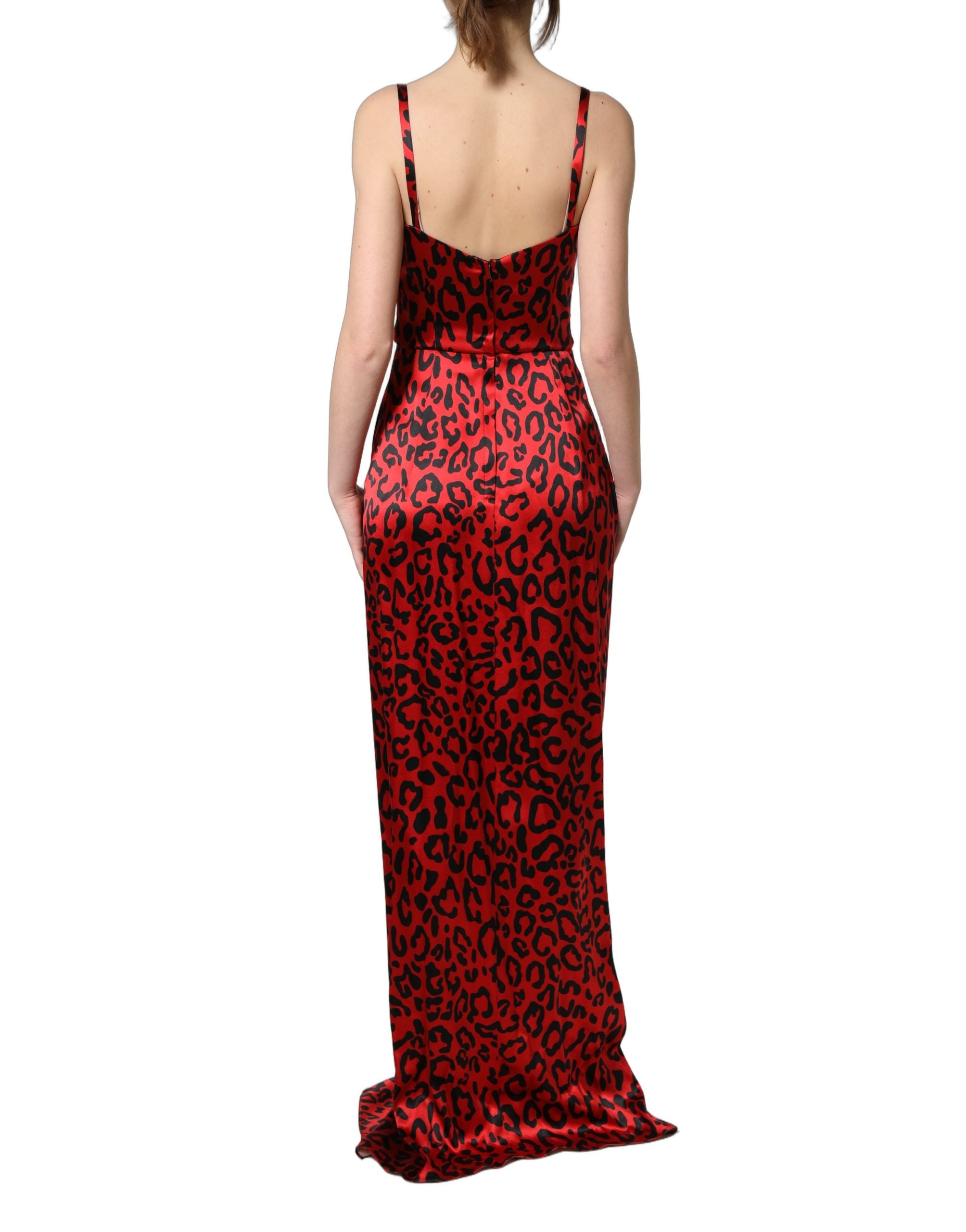 Dolce & Gabbana Red Leopard Draped Sleeveless Maxi Women's Dress