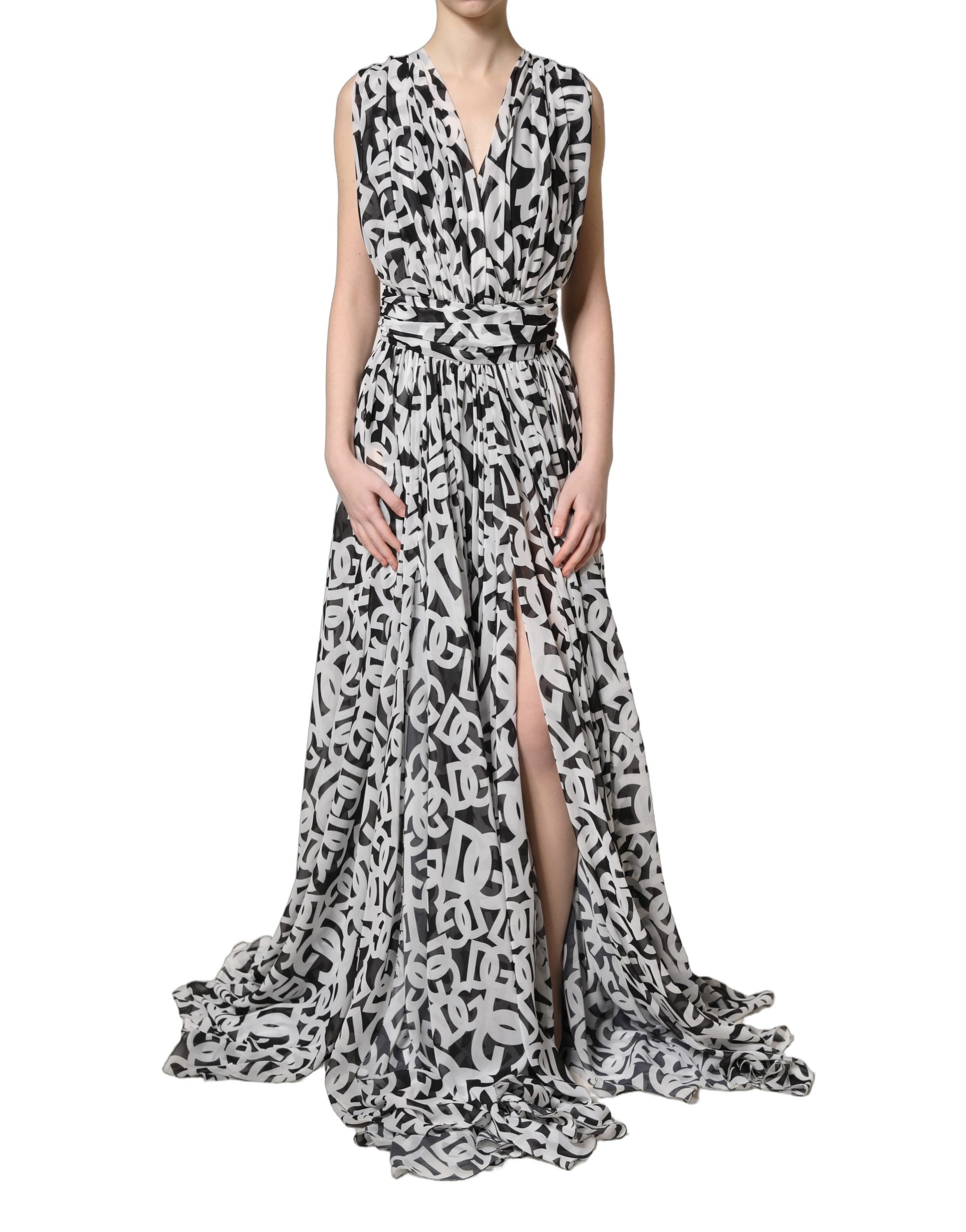 Dolce & Gabbana Black White Logo Sleeveless Floor Length Maxi Women's Dress