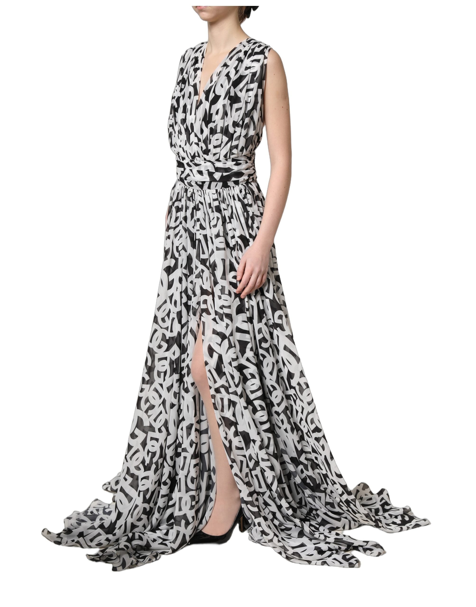 Dolce & Gabbana Black White Logo Sleeveless Floor Length Maxi Women's Dress