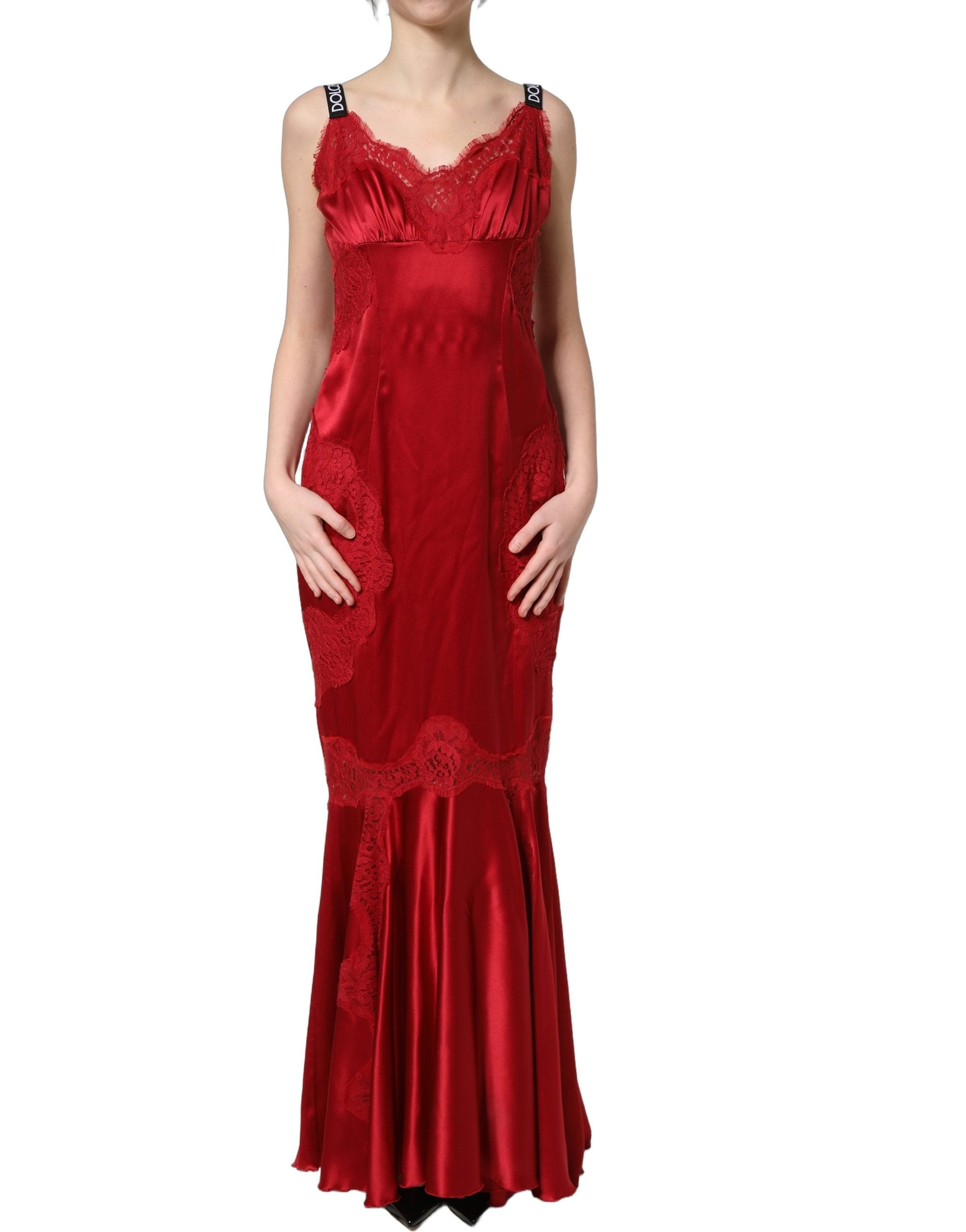 Dolce & Gabbana Red Silk Sleeveless Maxi Long Lace Trim Women's Dress