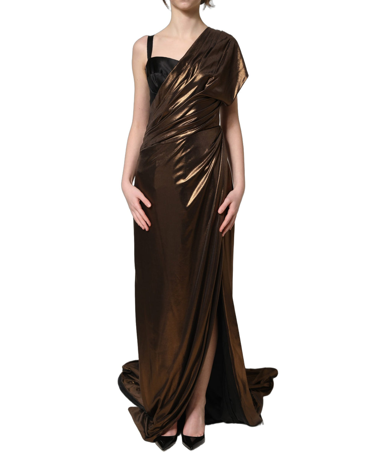 Dolce & Gabbana Bronze Asymmetrical Draping OneShoulder Women's Dress (Pre-Owned)