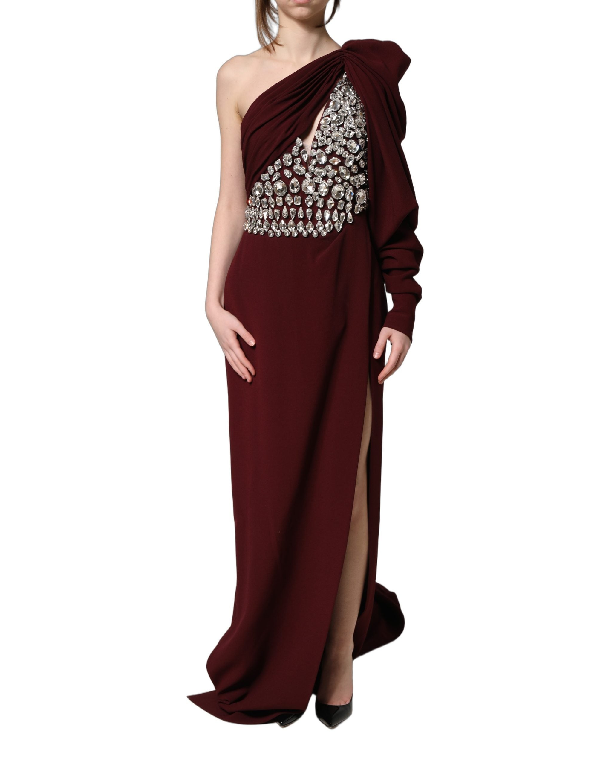 Dolce & Gabbana Maroon Crystal One Shoulder EveningGown Women's Dress (Pre-Owned)