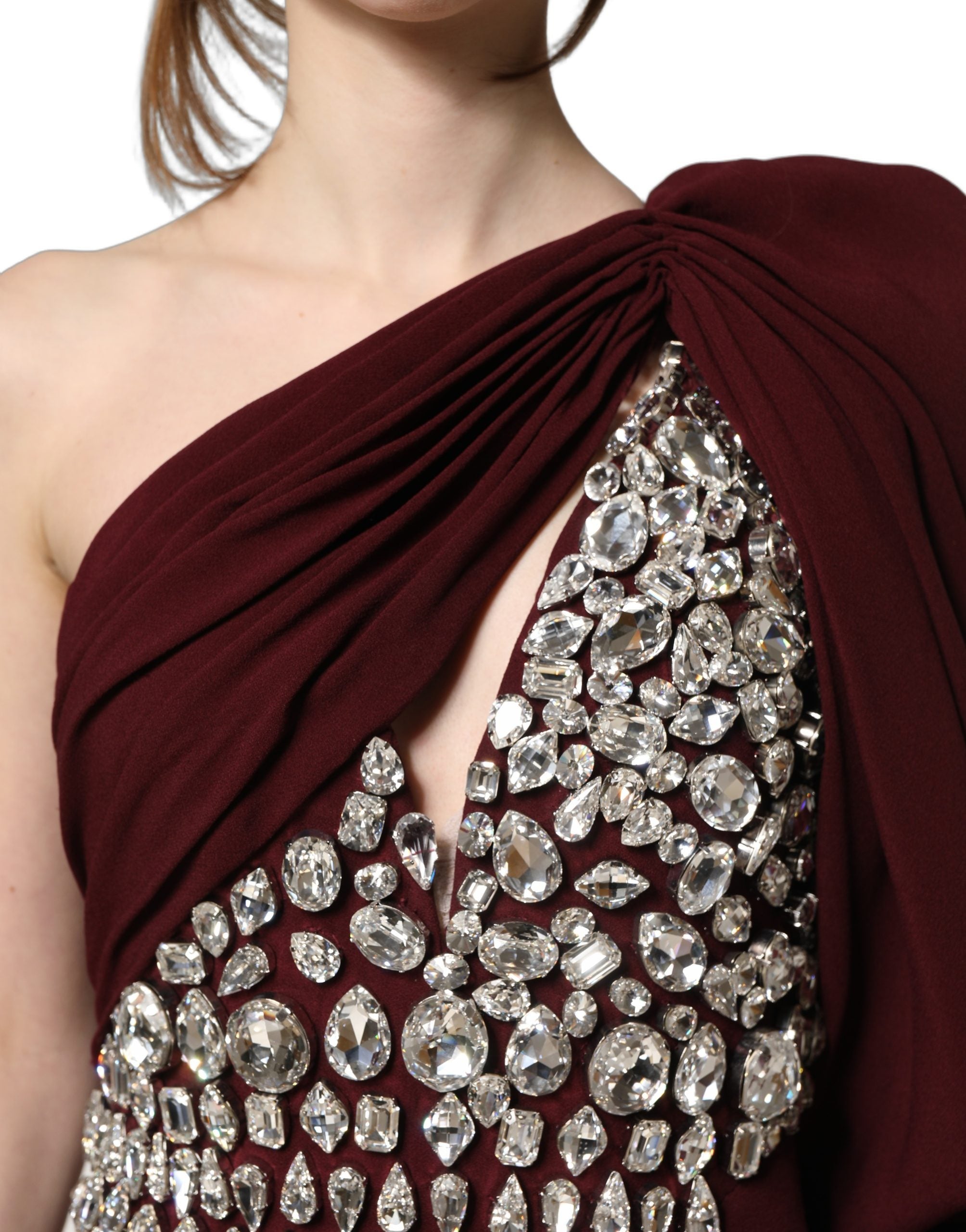 Dolce & Gabbana Maroon Crystal One Shoulder EveningGown Women's Dress (Pre-Owned)