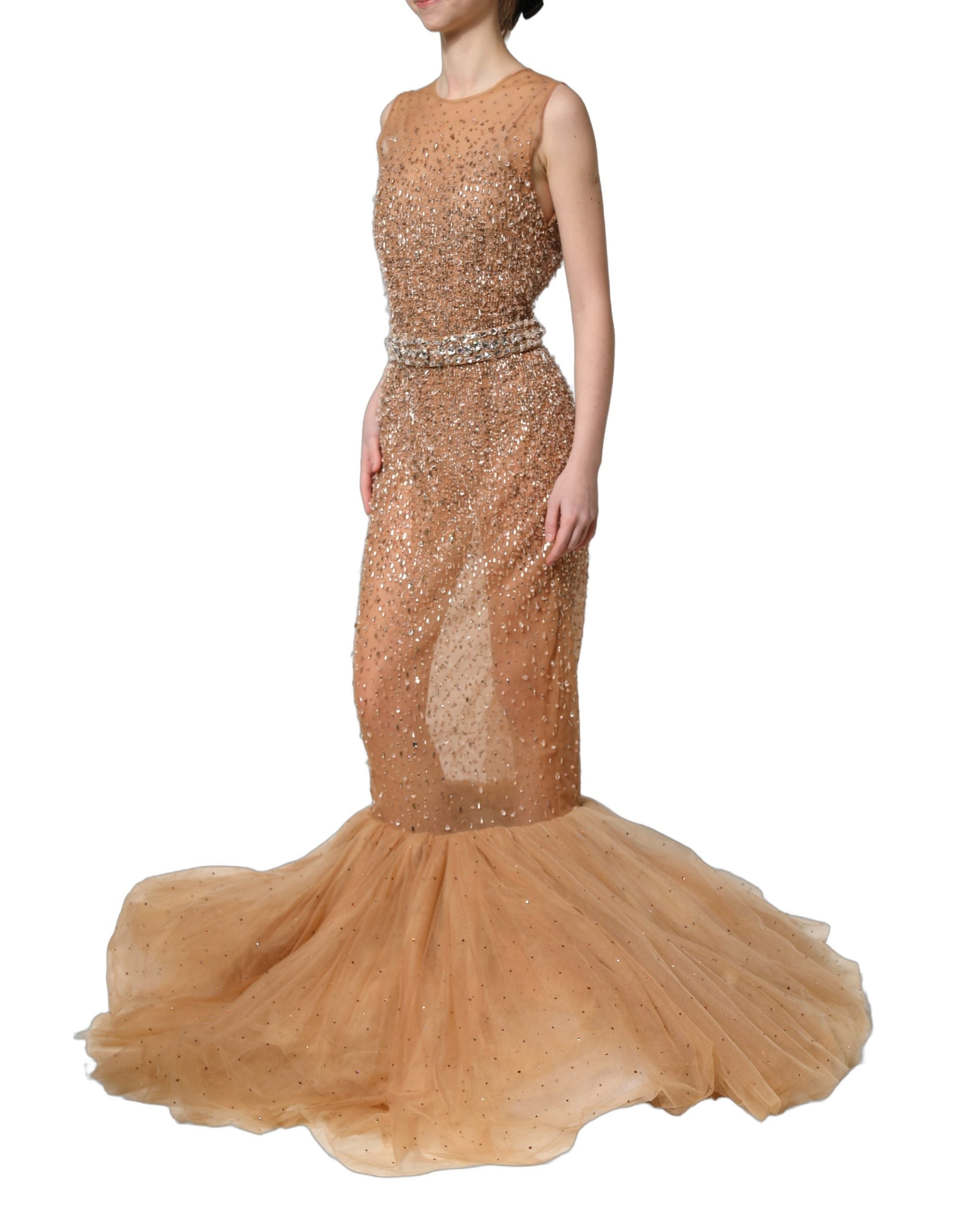 Dolce & Gabbana Brown Crystal Embellished Mermaid Gown Women's Dress