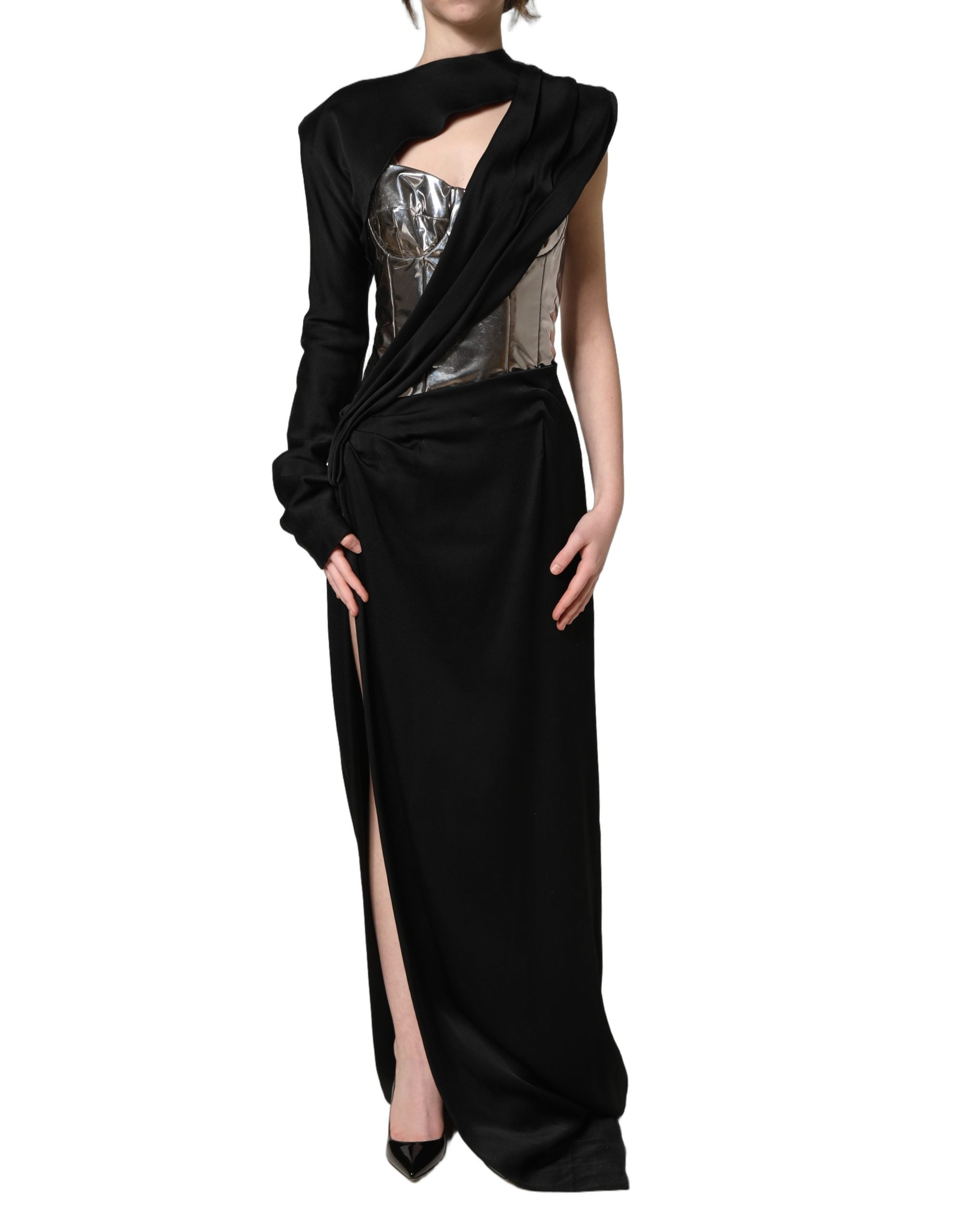 Dolce & Gabbana Black Silver OneShoulder Cocktail Gown Women's Dress (Pre-Owned)