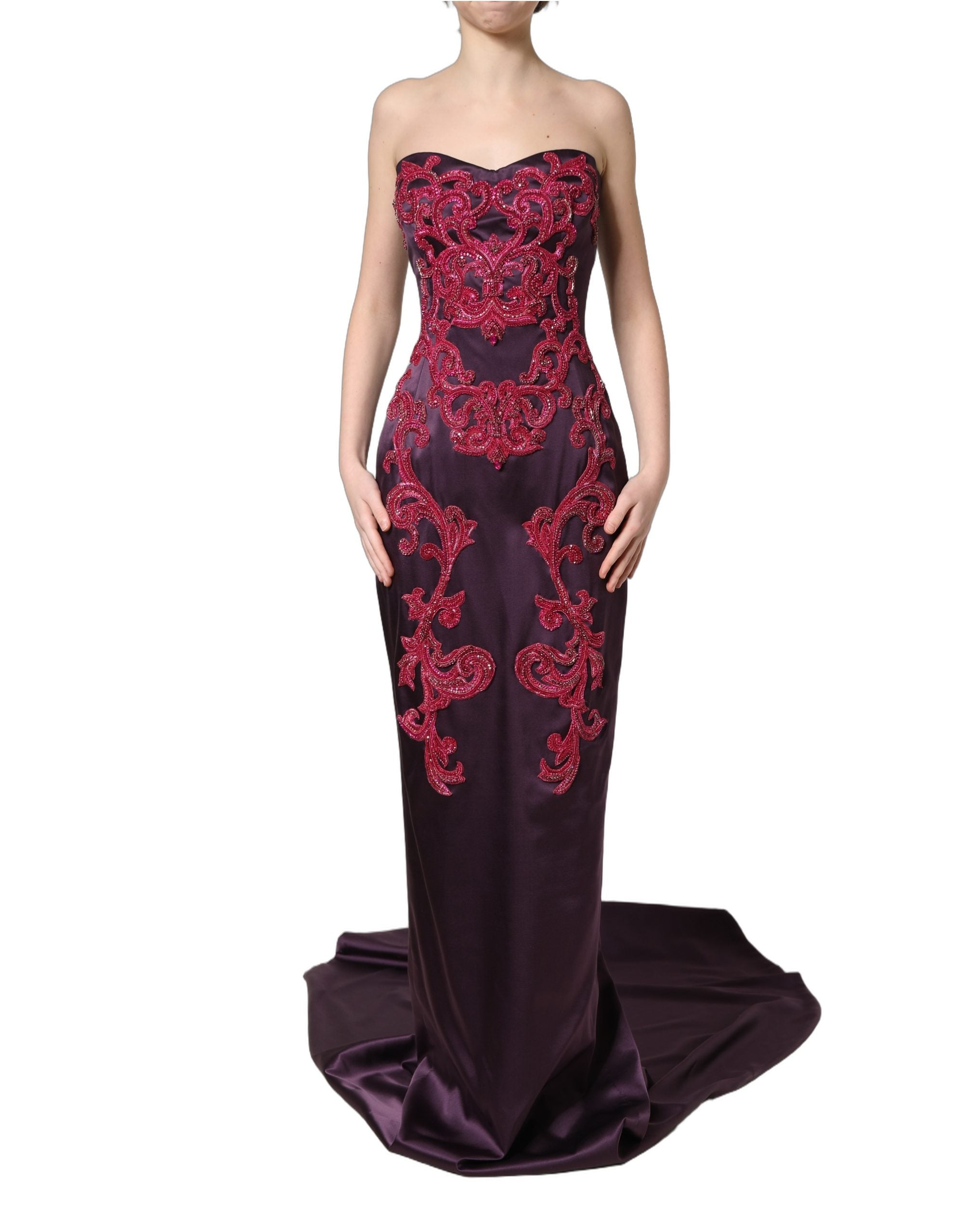 Dolce & Gabbana Purple Silk Crystal Strapless Floor Length Gown Women'