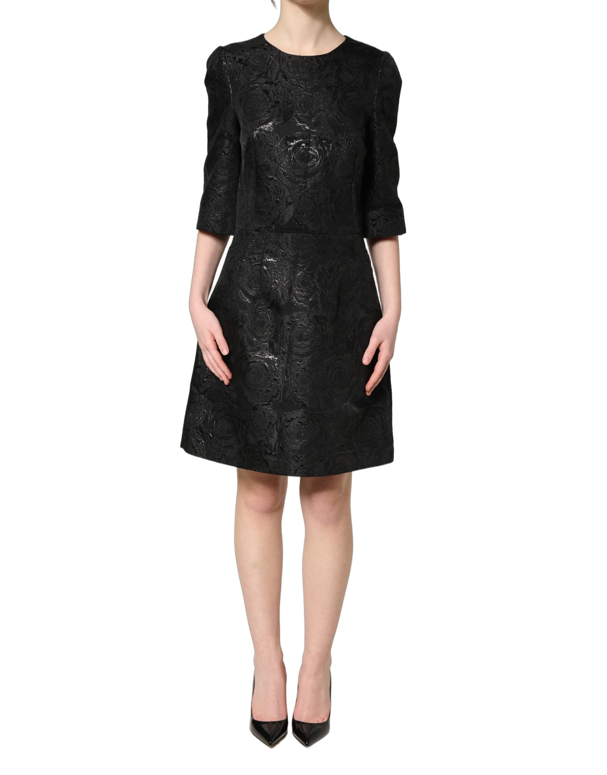 Dolce & Gabbana Black Floral Jacquard Flared A-line Women's Dress