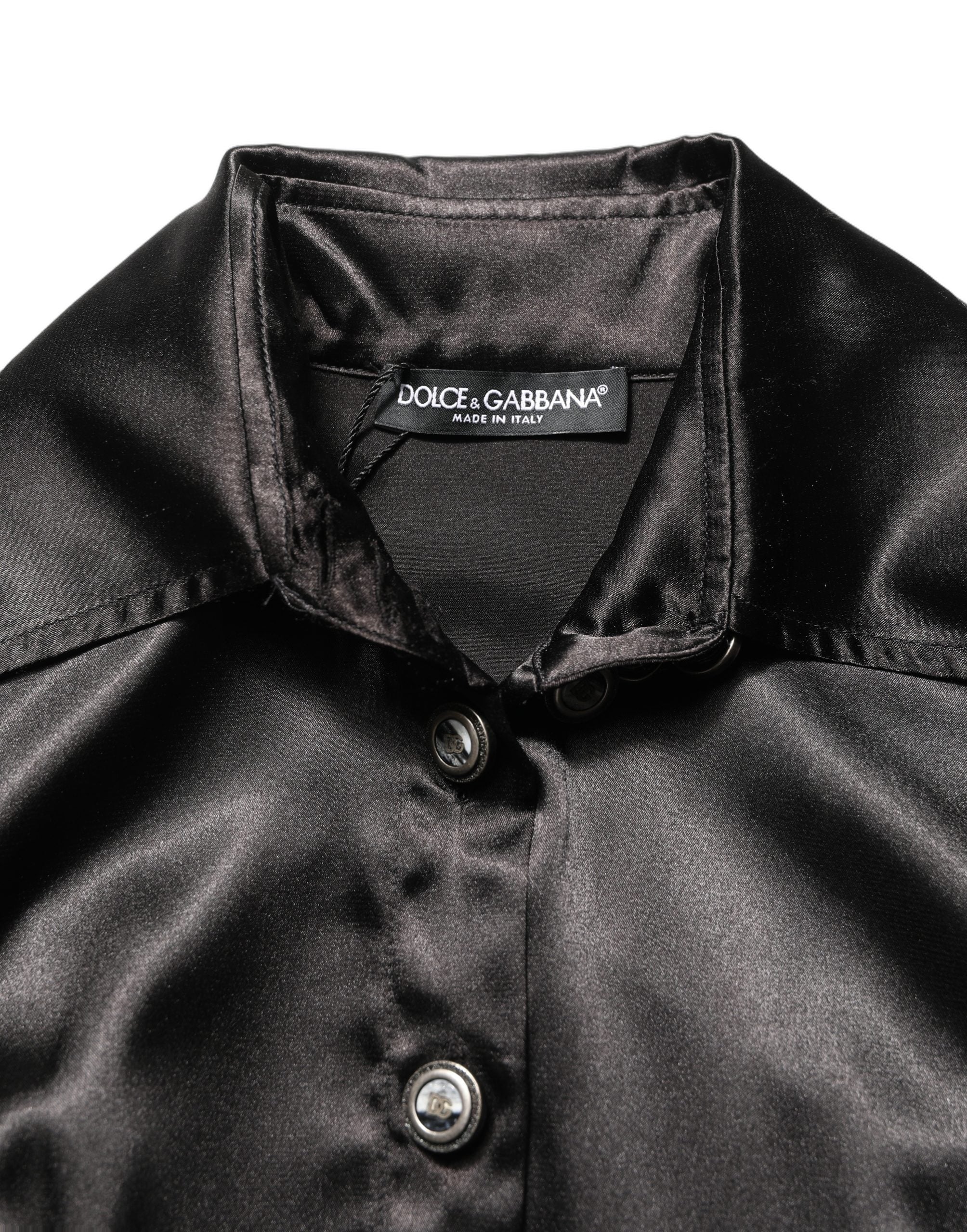 Dolce & Gabbana Black Satin Long Puff Sleeves Pleated Women's Dress