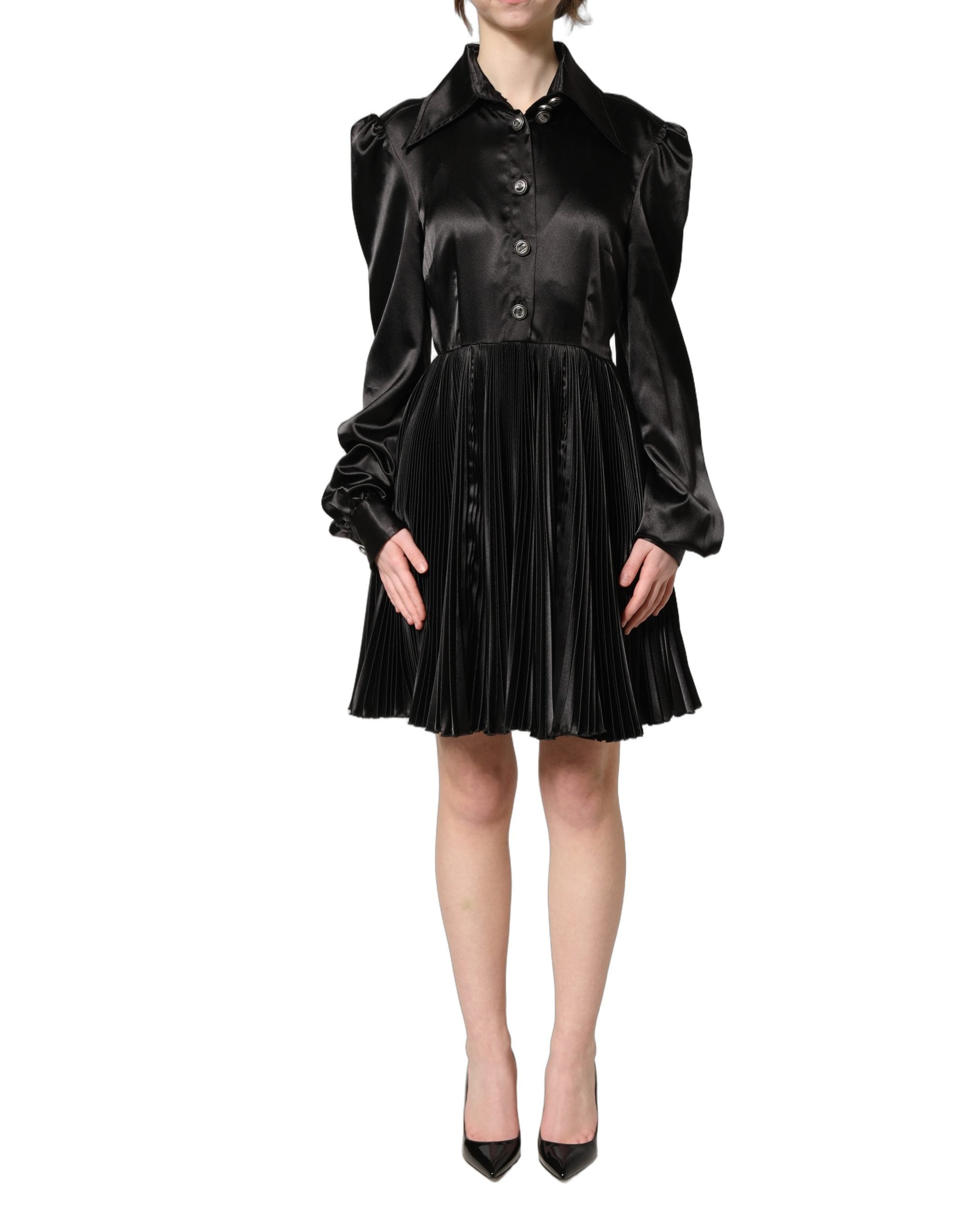 Dolce & Gabbana Black Satin Long Puff Sleeves Pleated Women's Dress