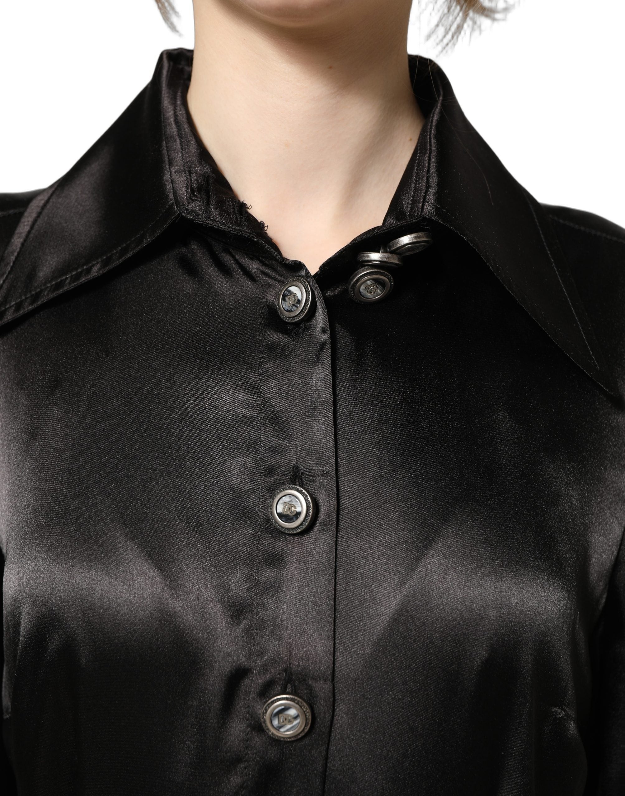 Dolce & Gabbana Black Satin Long Puff Sleeves Pleated Women's Dress