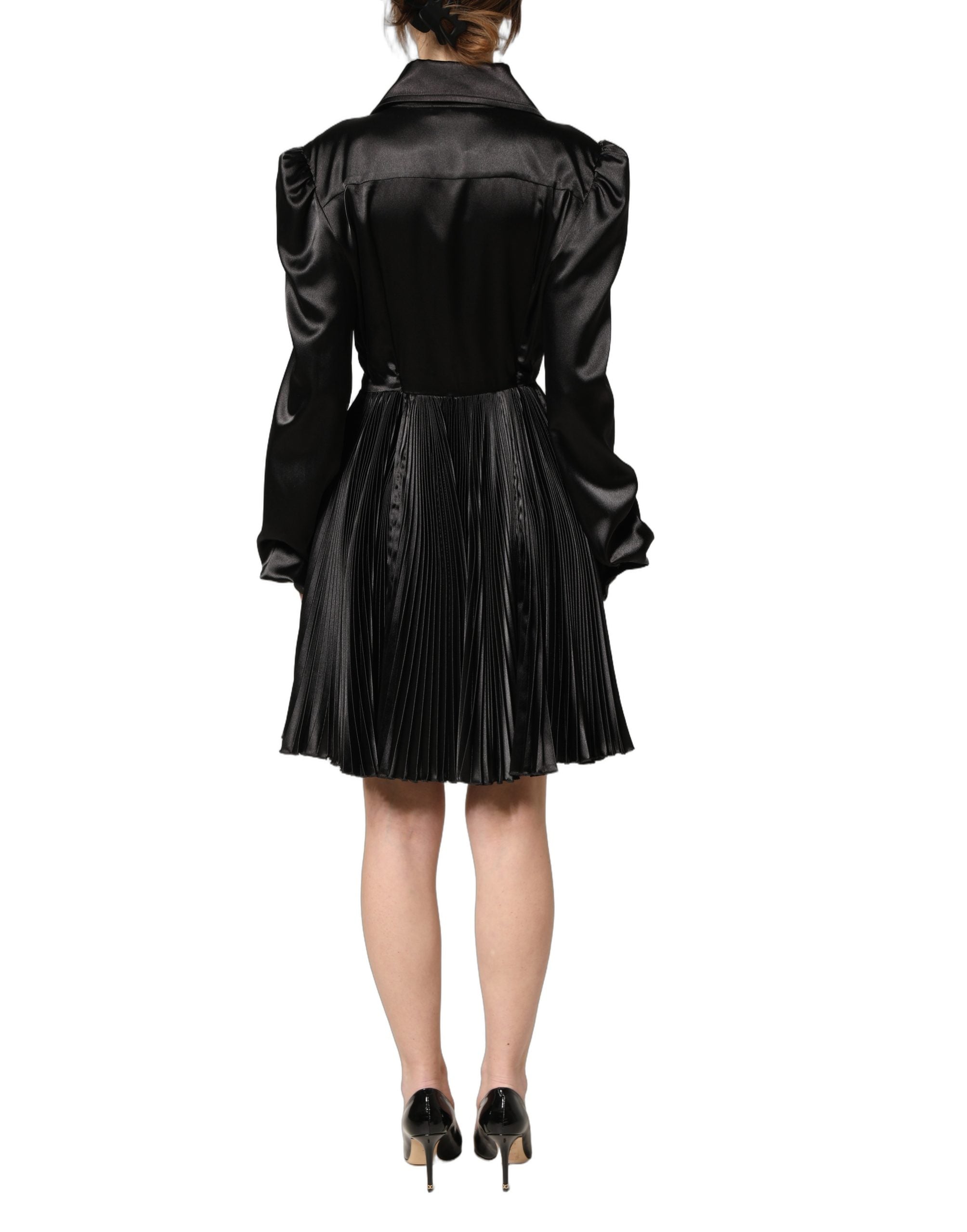 Dolce & Gabbana Black Satin Long Puff Sleeves Pleated Women's Dress