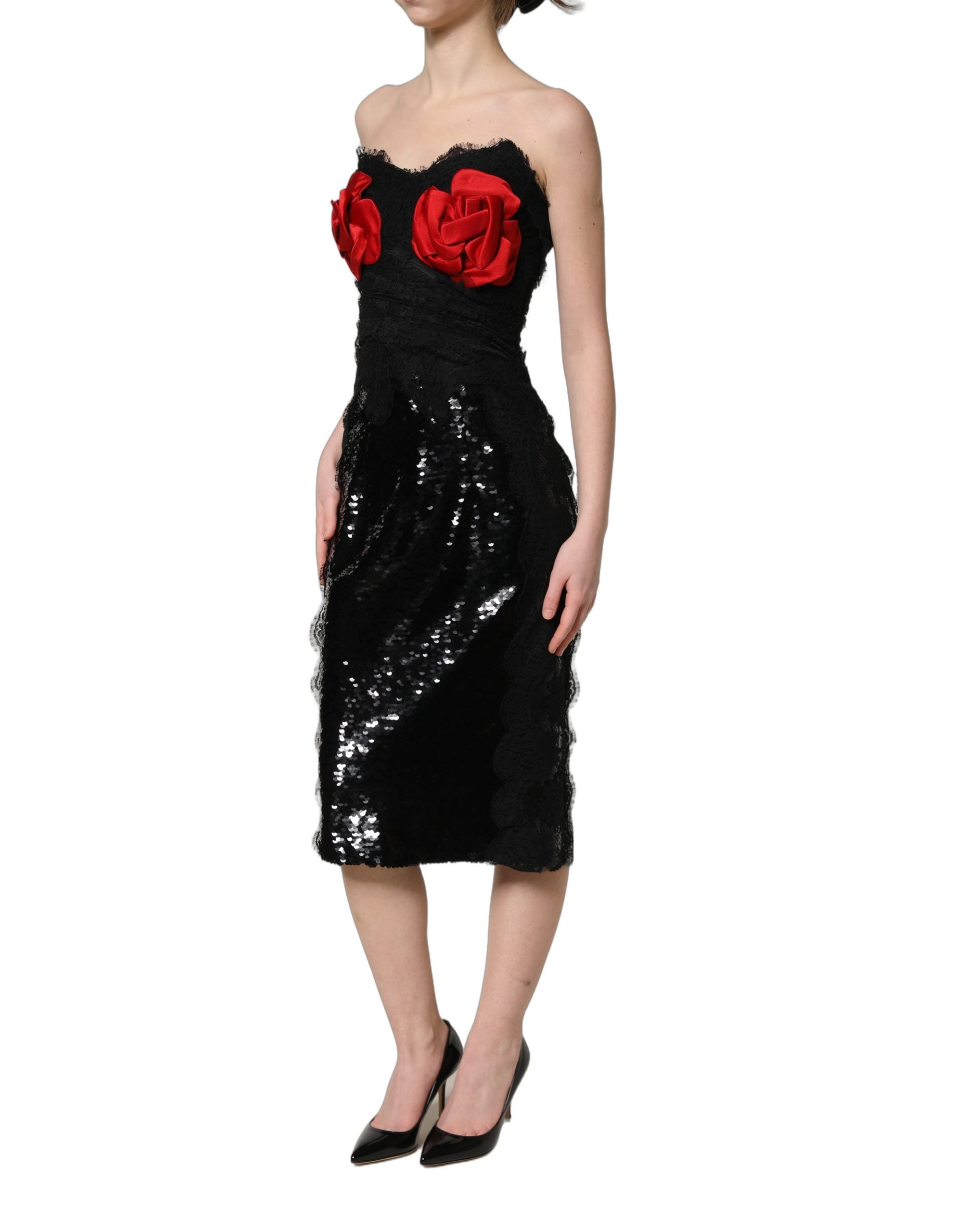 Dolce & Gabbana Black Strapless Red Rose Sequined Midi Women's Dress