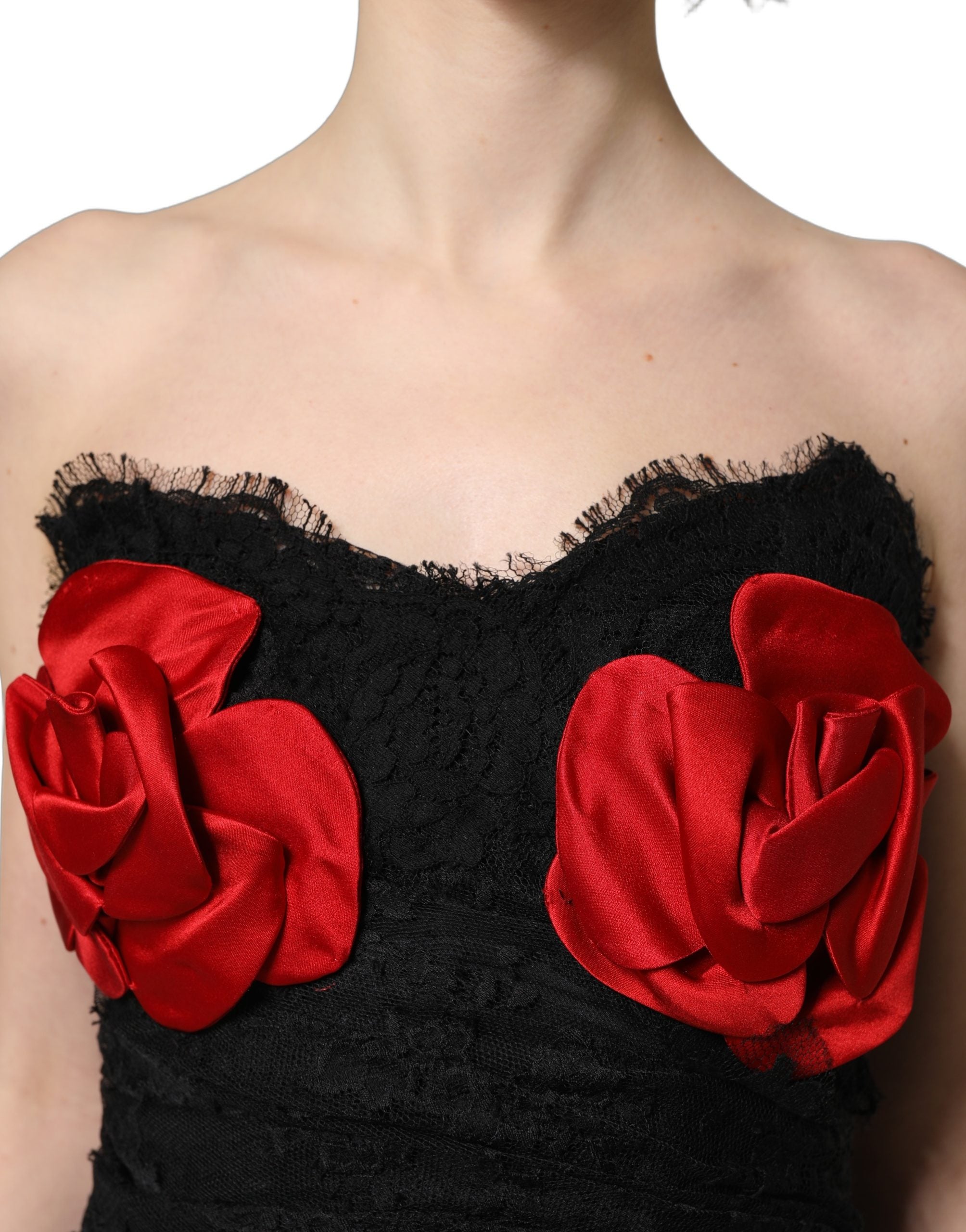 Dolce & Gabbana Black Strapless Red Rose Sequined Midi Women's Dress