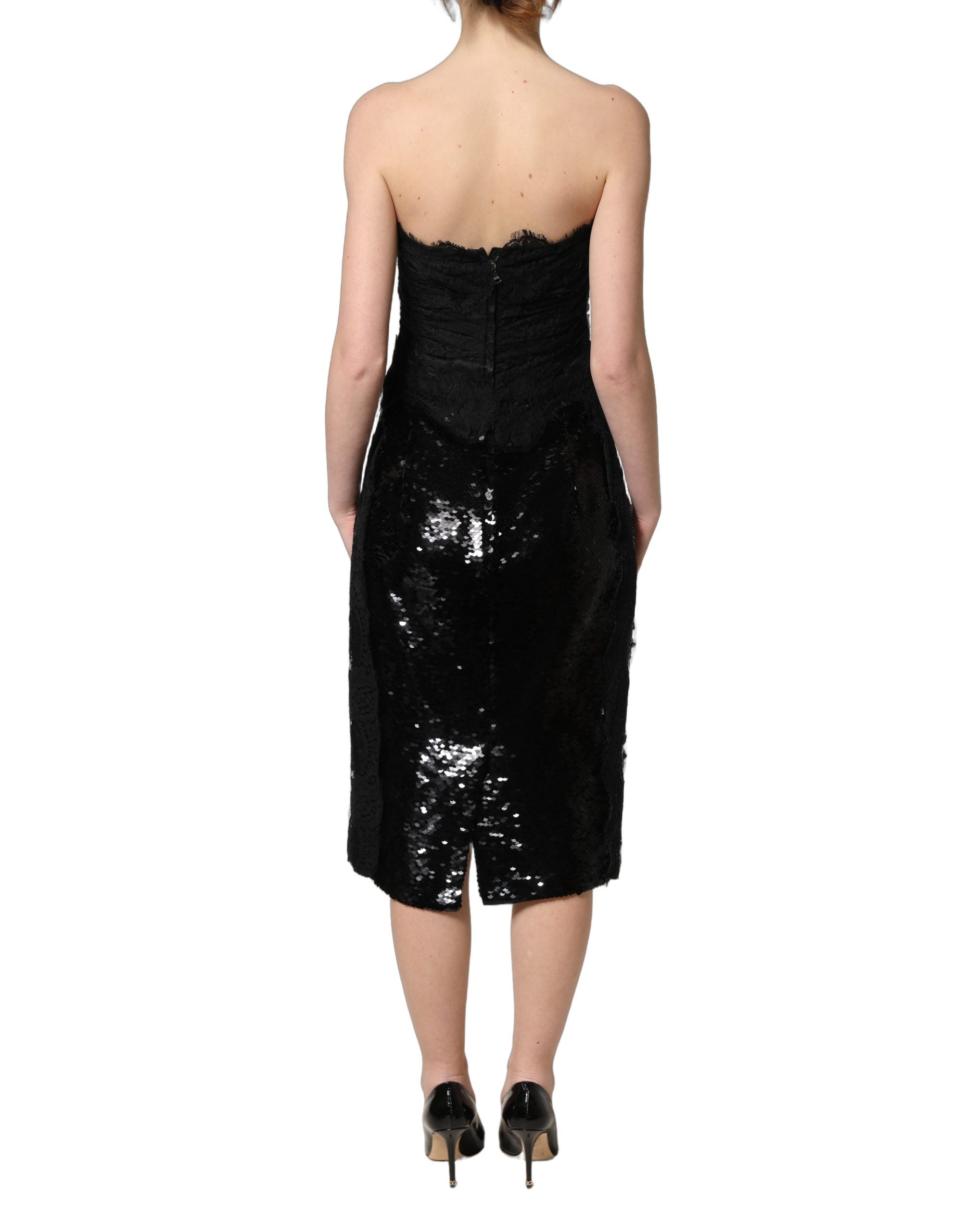 Dolce & Gabbana Black Strapless Red Rose Sequined Midi Women's Dress